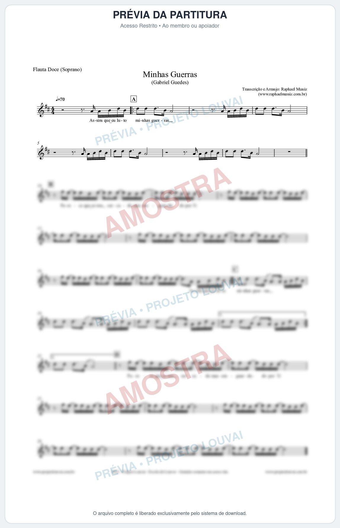 Prévia protegida da primeira página da partitura Partitura para Flauta Doce (Soprano) - Minhas Guerras - Gabriel Guedes
