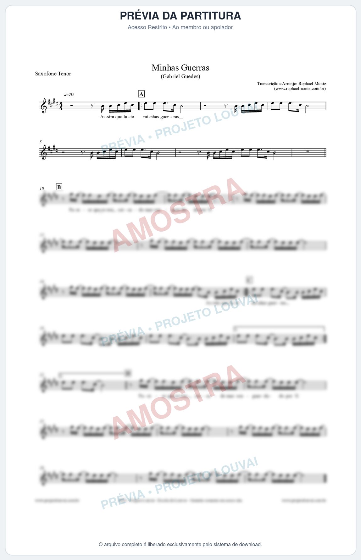 Prévia protegida da primeira página da partitura Partitura para Saxofone Tenor - Minhas Guerras - Gabriel Guedes