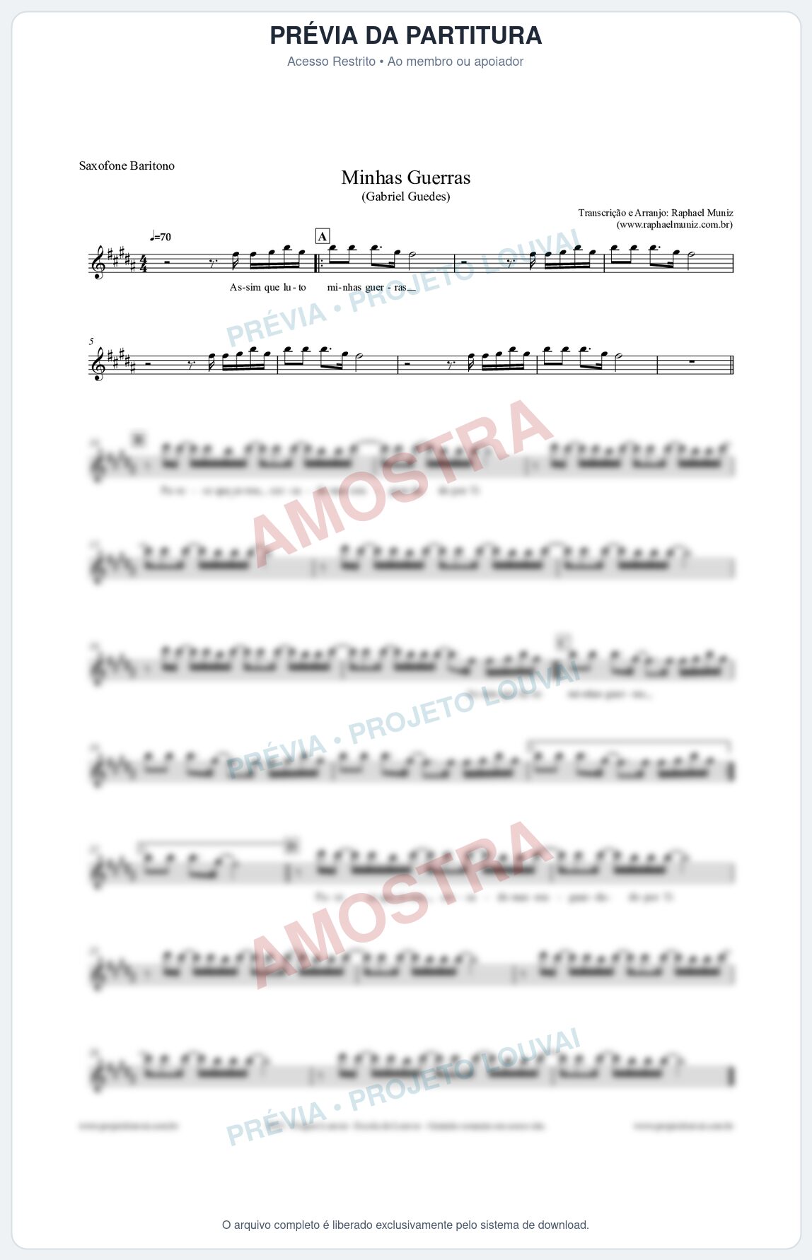 Prévia protegida da primeira página da partitura Partitura para Saxofone Barítono - Minhas Guerras - Gabriel Guedes