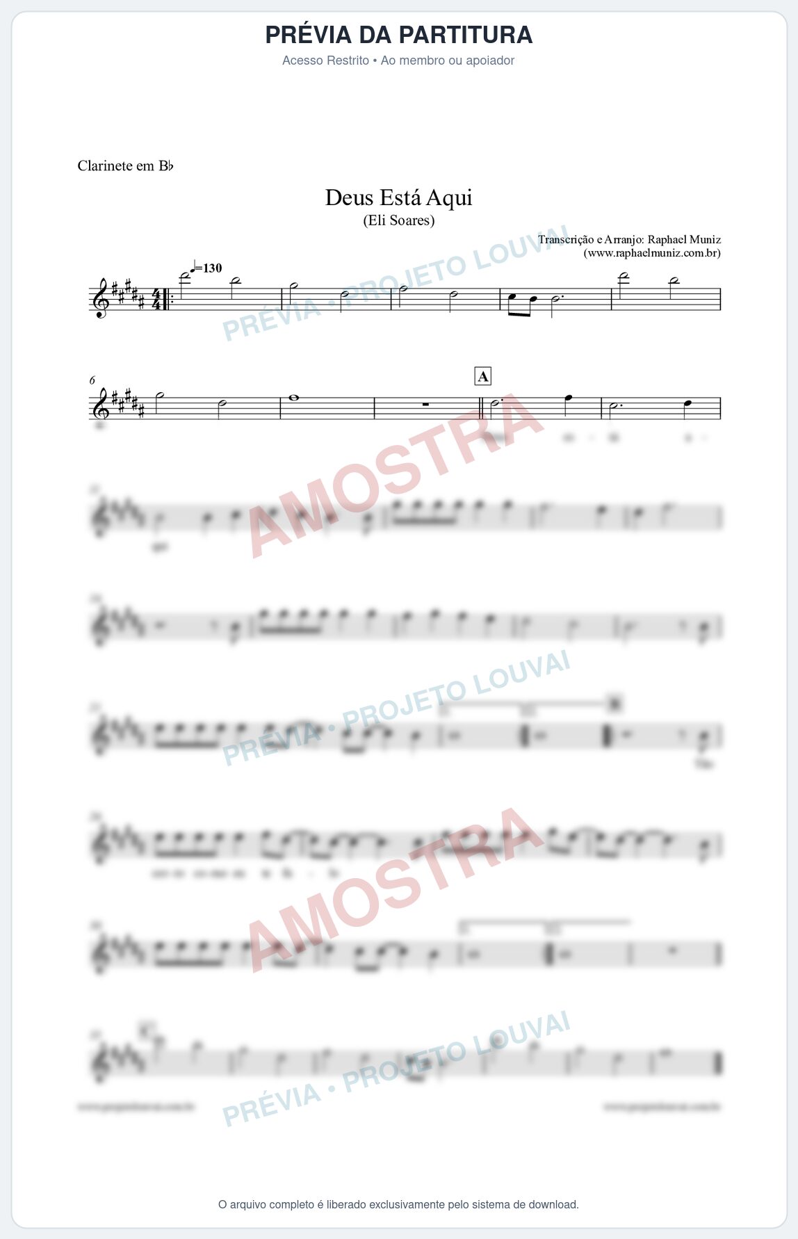 Prévia protegida da primeira página da partitura Partitura para Clarinete - Deus Está Aqui - Eli Soares