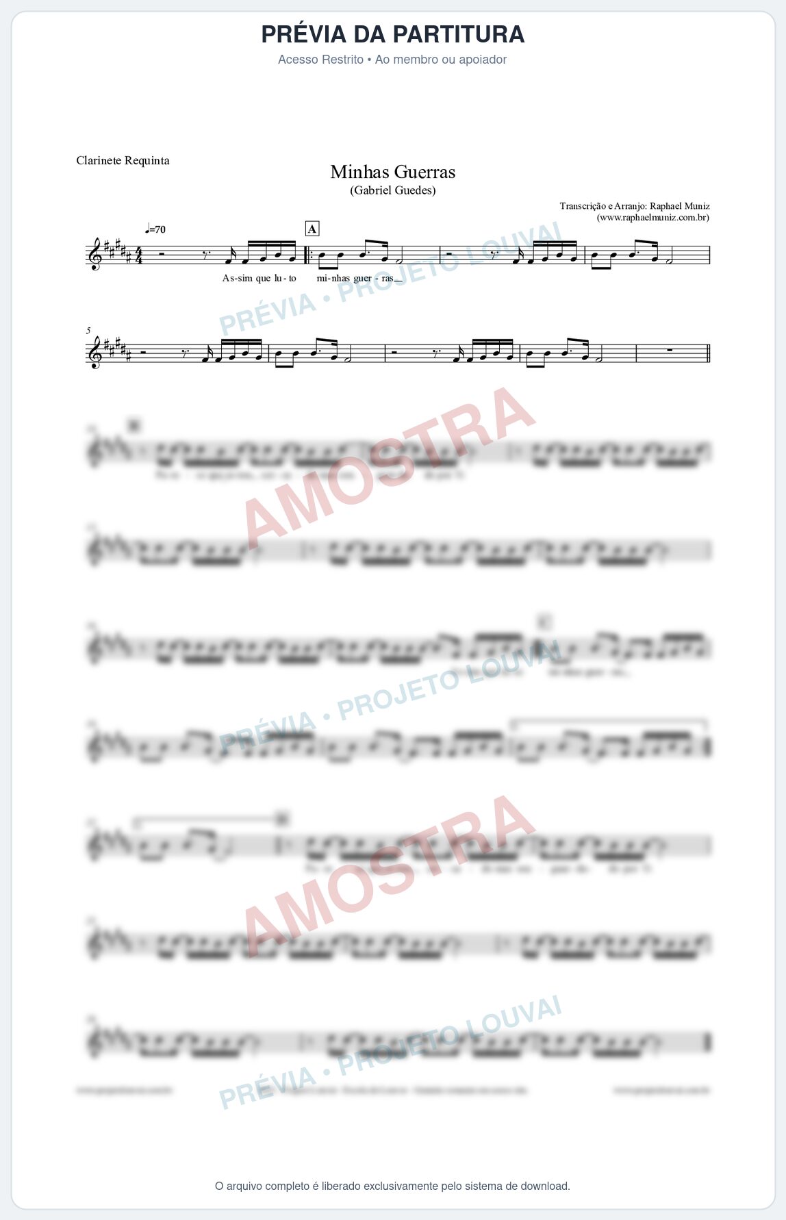 Prévia protegida da primeira página da partitura Partitura para Clarinete Requinta - Minhas Guerras - Gabriel Guedes