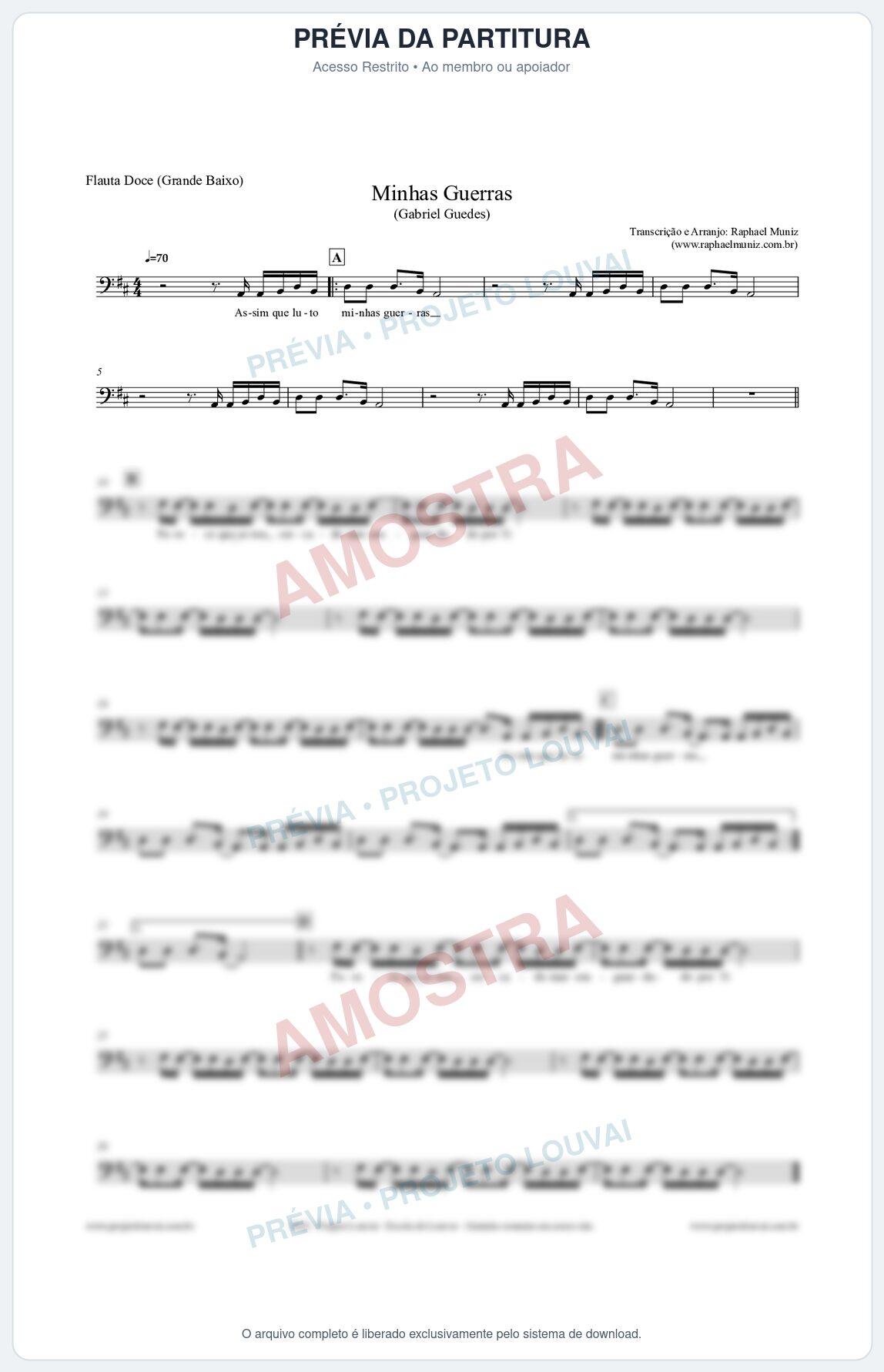 Prévia protegida da primeira página da partitura Partitura para Flauta Doce (Grande Baixo) - Minhas Guerras - Gabriel Guedes