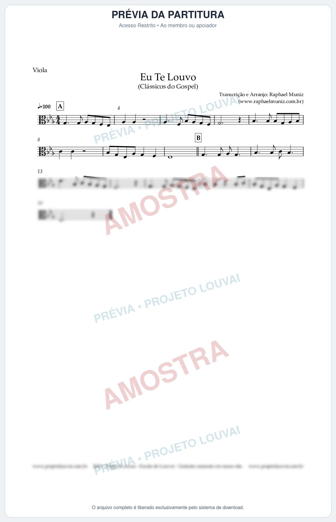 Prévia protegida da primeira página da partitura Partitura para Viola - Eu Te Louvo - Harpa Cristã nº10 - Clássicos do Gospel