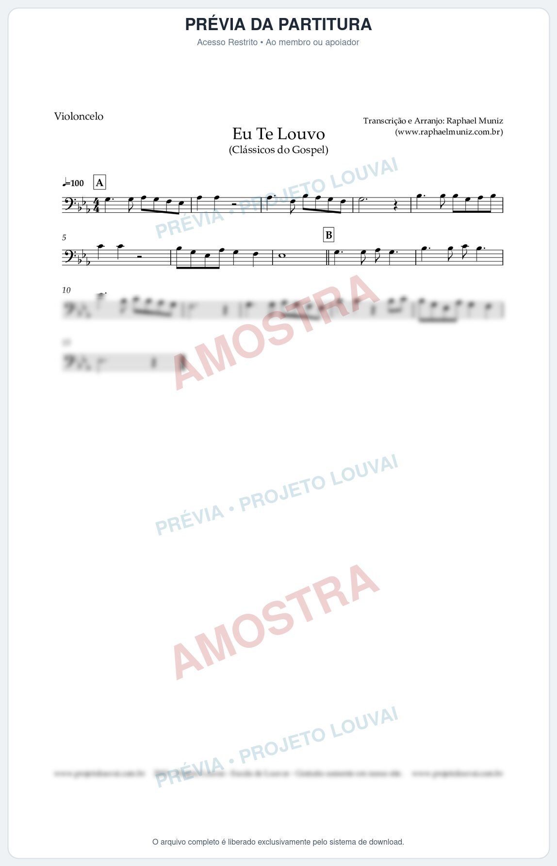 Prévia protegida da primeira página da partitura Partitura para Violoncelo - Eu Te Louvo - Harpa Cristã nº10 - Clássicos do Gospel