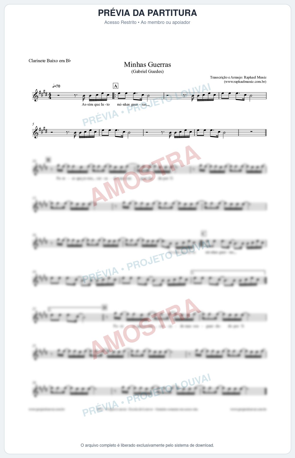 Prévia protegida da primeira página da partitura Partitura para Clarinete Baixo em Bb - Minhas Guerras - Gabriel Guedes