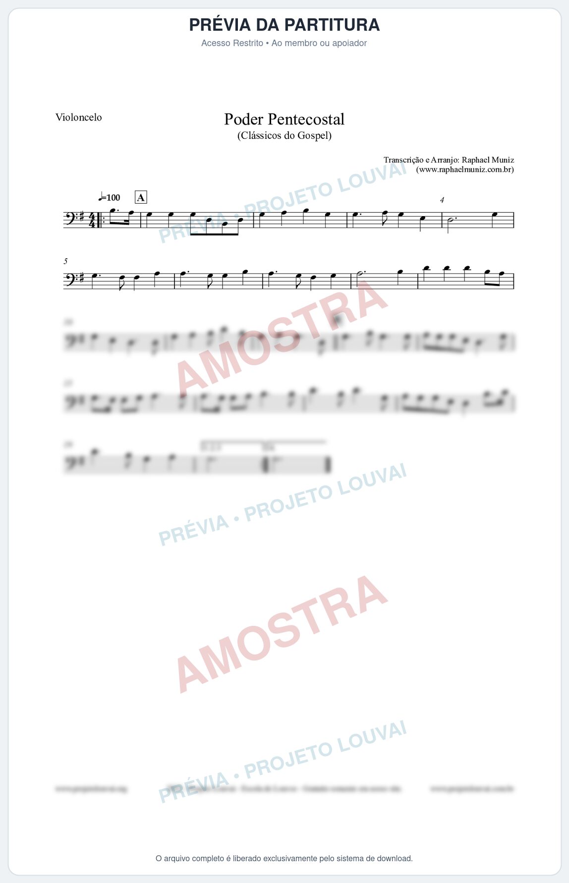 Prévia protegida da primeira página da partitura Partitura para Violoncelo - Poder Pentecostal - Harpa Cristã nº24 - Clássicos do Gospel