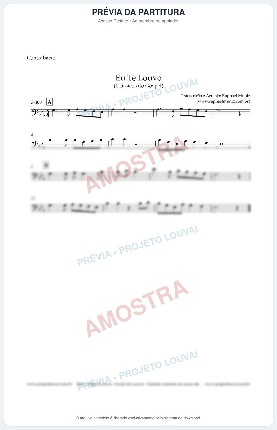 Prévia protegida da primeira página da partitura Partitura para Contrabaixo Acústico - Eu Te Louvo - Harpa Cristã nº10 - Clássicos do Gospel