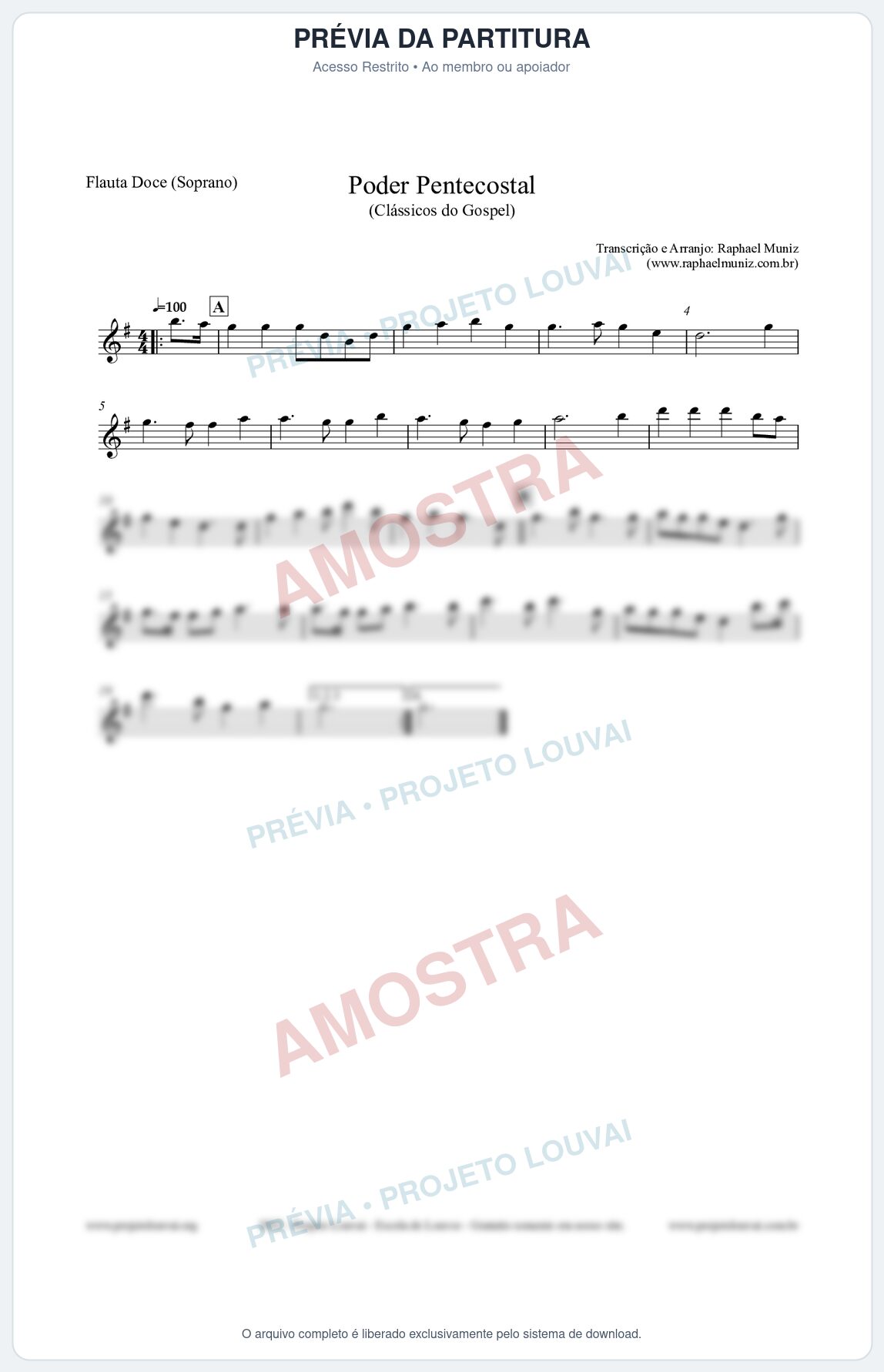 Prévia protegida da primeira página da partitura Partitura para Flauta Doce (Soprano) - Poder Pentecostal - Harpa Cristã nº24 - Clássicos do Gospel