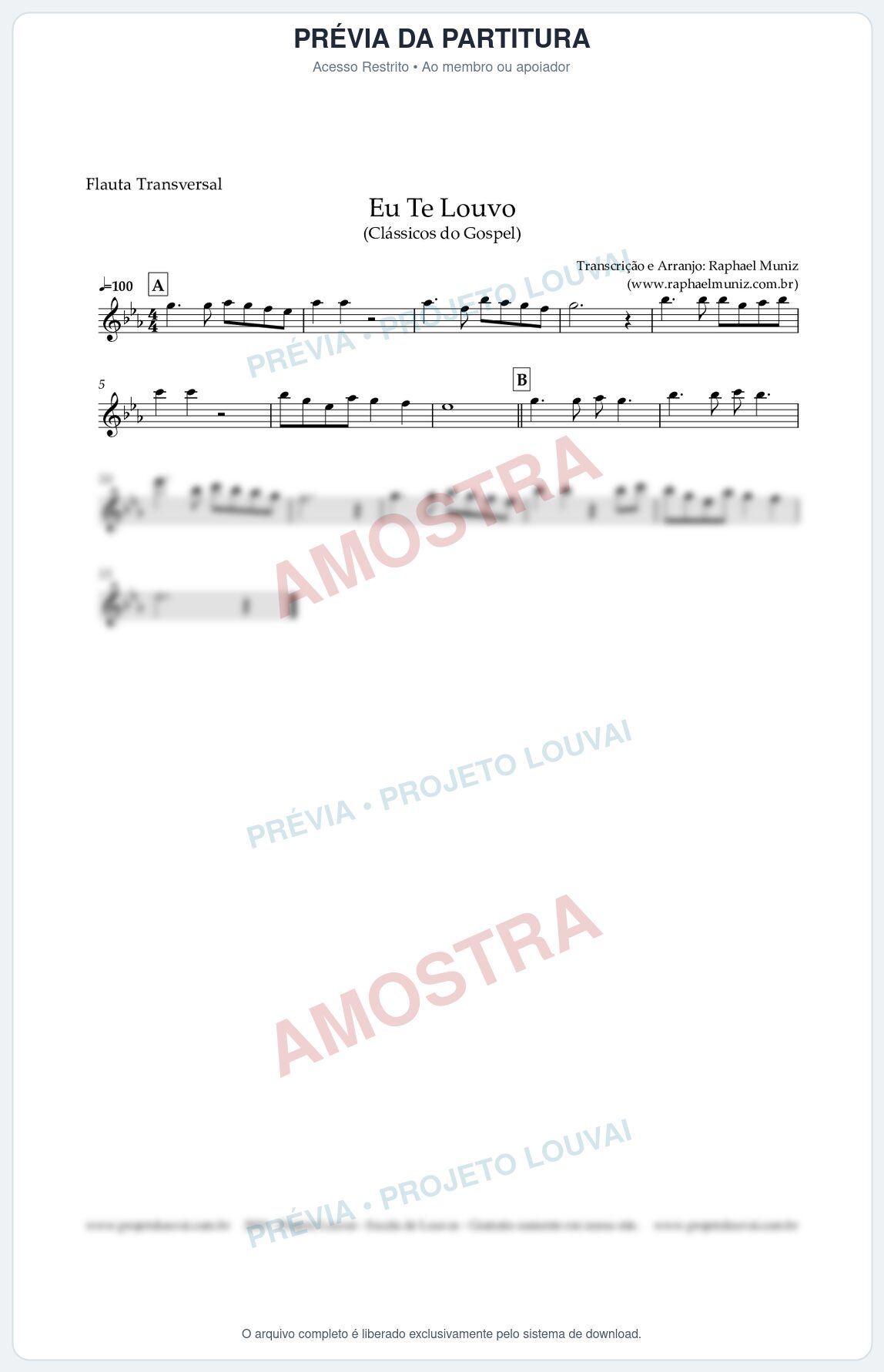 Prévia protegida da primeira página da partitura Partitura para Flauta Transversal - Eu Te Louvo - Harpa Cristã nº10 - Clássicos do Gospel