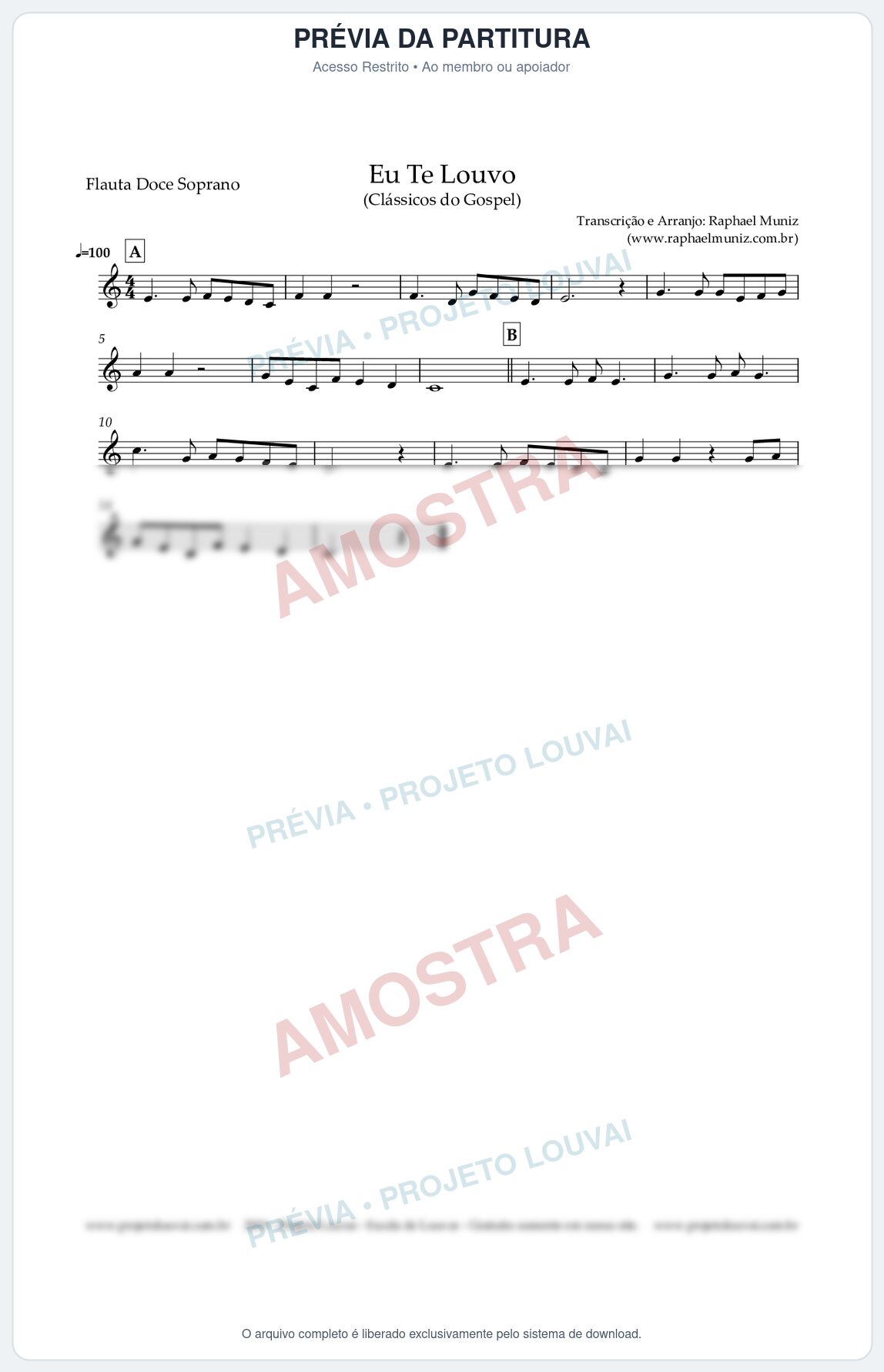Prévia protegida da primeira página da partitura Partitura para Flauta Doce (Soprano) - Eu Te Louvo - Harpa Cristã nº10 - Clássicos do Gospel