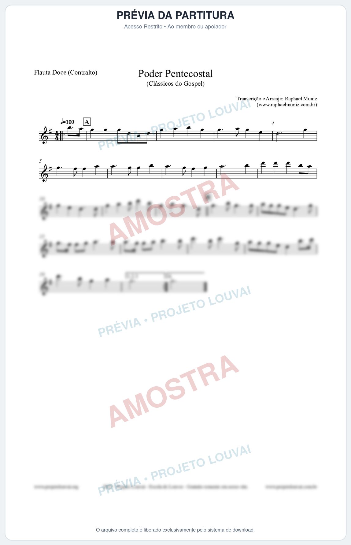 Prévia protegida da primeira página da partitura Partitura para Flauta Doce (Contralto) - Poder Pentecostal - Harpa Cristã nº24 - Clássicos do Gospel
