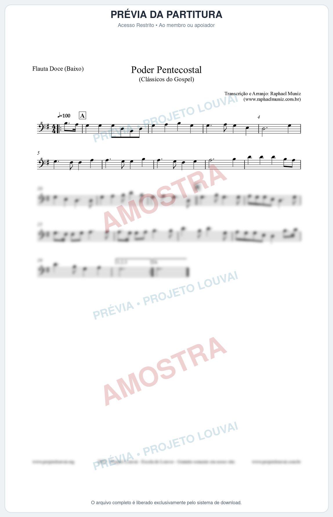 Prévia protegida da primeira página da partitura Partitura para Flauta Doce (Baixo) - Poder Pentecostal - Harpa Cristã nº24 - Clássicos do Gospel