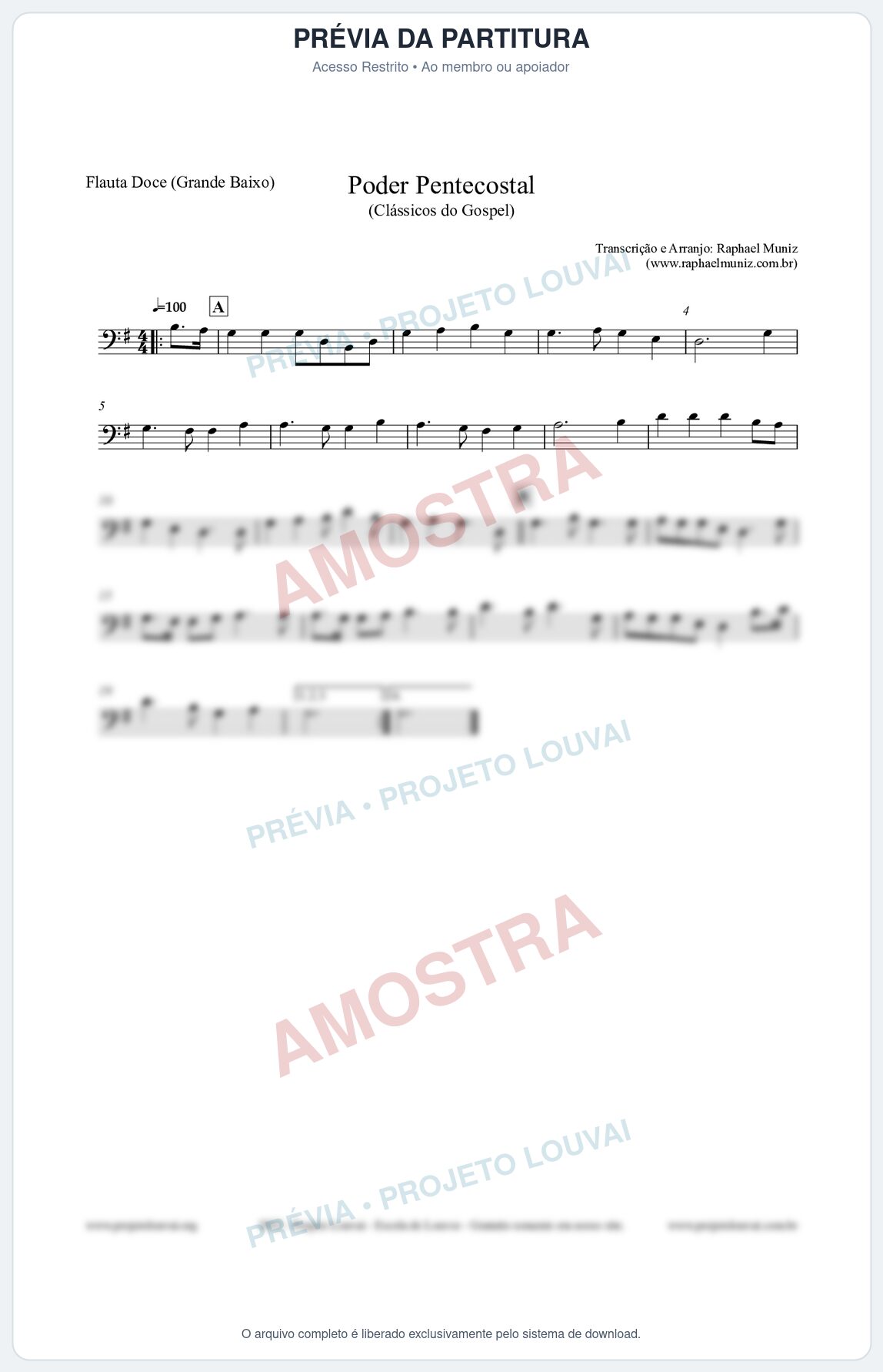 Prévia protegida da primeira página da partitura Partitura para Flauta Doce (Grande Baixo) - Poder Pentecostal - Harpa Cristã nº24 - Clássicos do Gospel