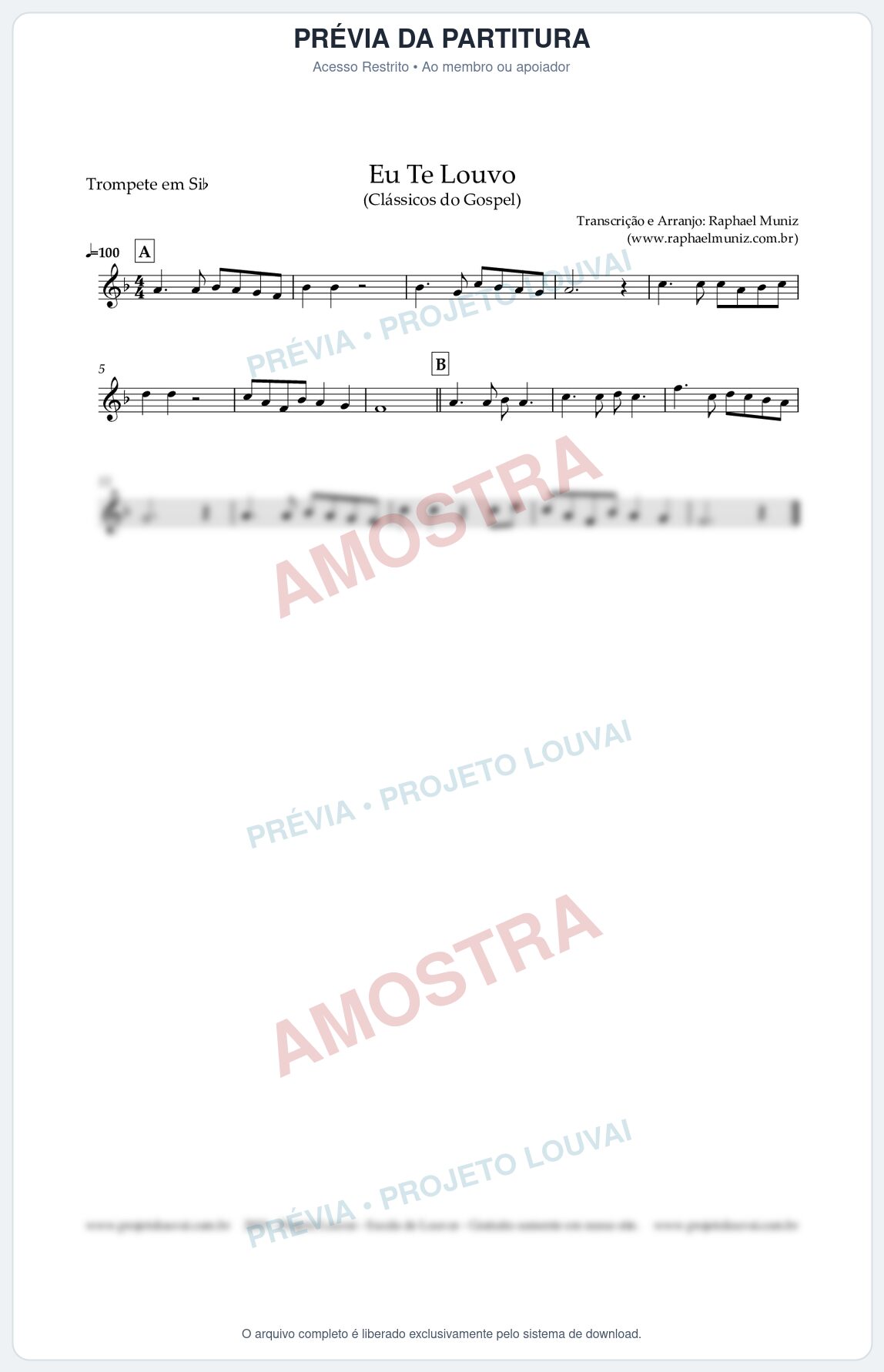 Prévia protegida da primeira página da partitura Partitura para Trompete em Bb - Eu Te Louvo - Harpa Cristã nº10 - Clássicos do Gospel