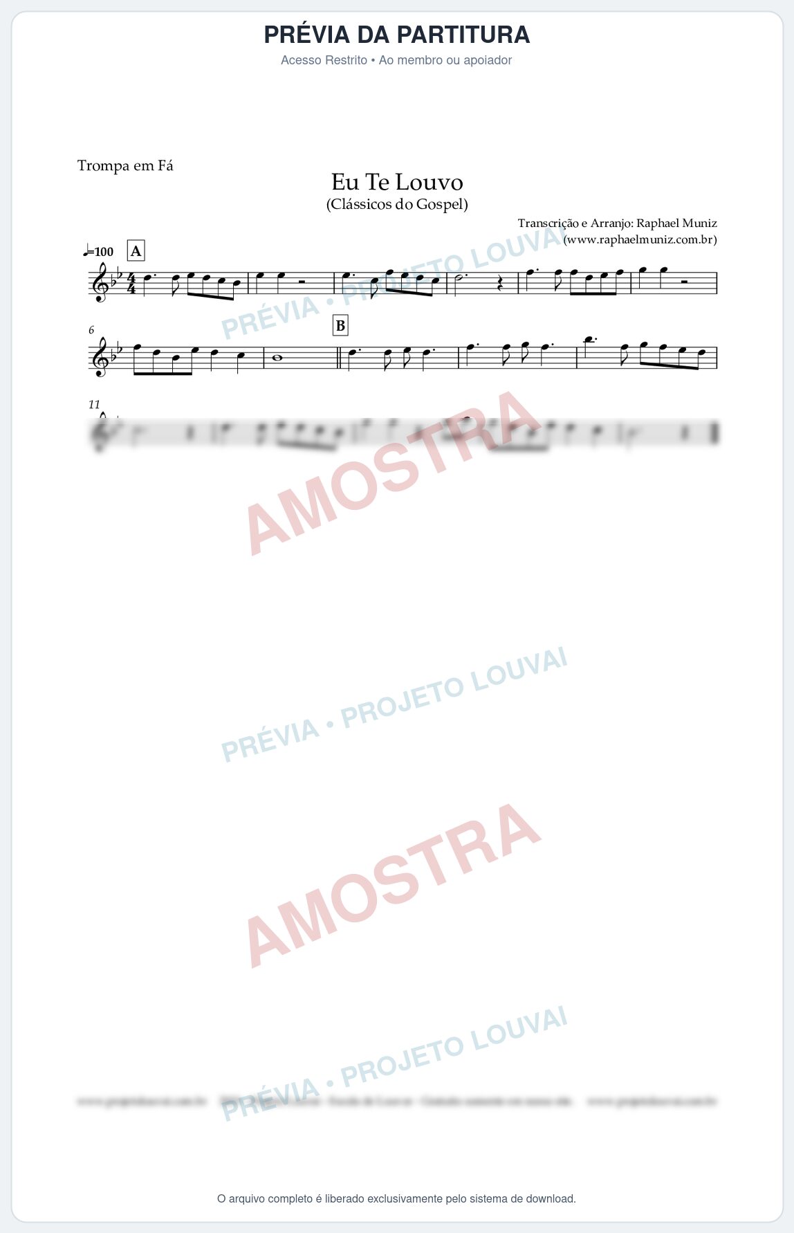 Prévia protegida da primeira página da partitura Partitura para Trompa em Fá - Eu Te Louvo - Harpa Cristã nº10 - Clássicos do Gospel