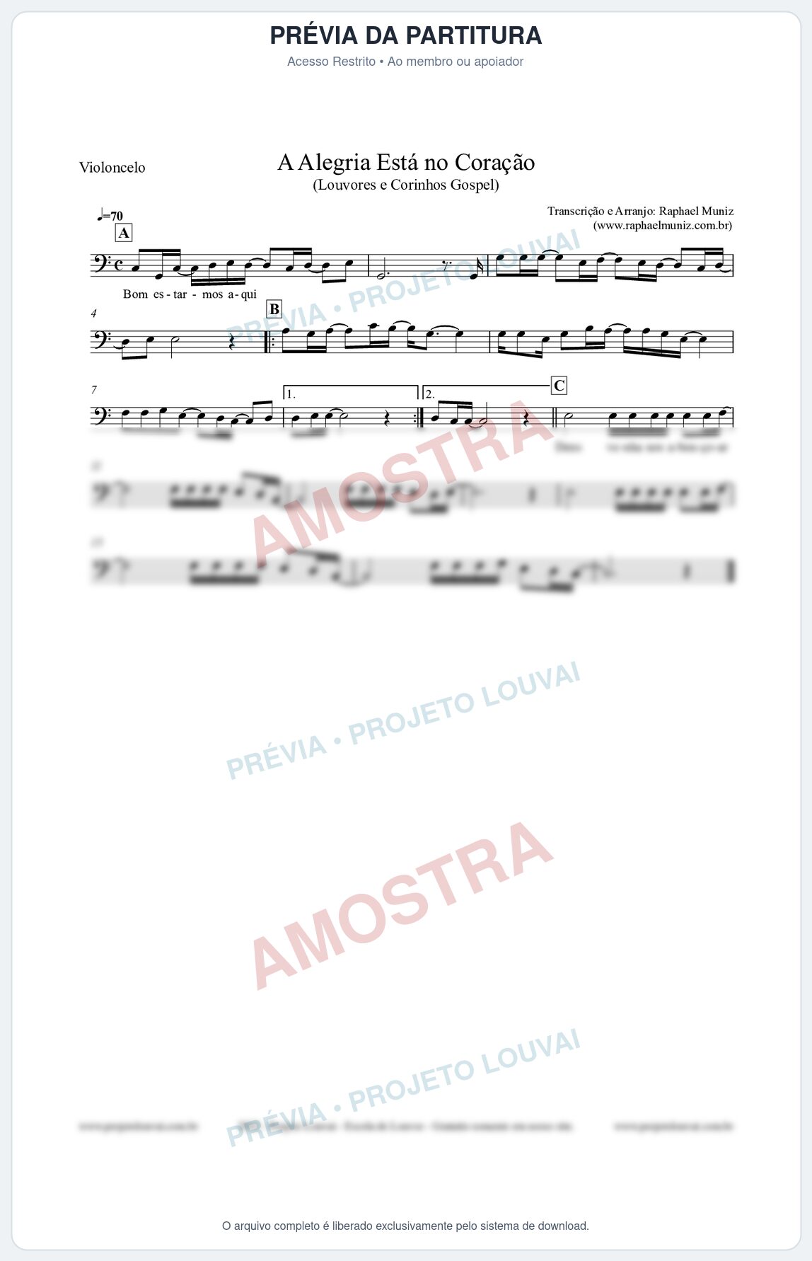 Prévia protegida da primeira página da partitura Partitura para Violoncelo - Bom estarmos aqui - Louvores e Corinhos Gospel