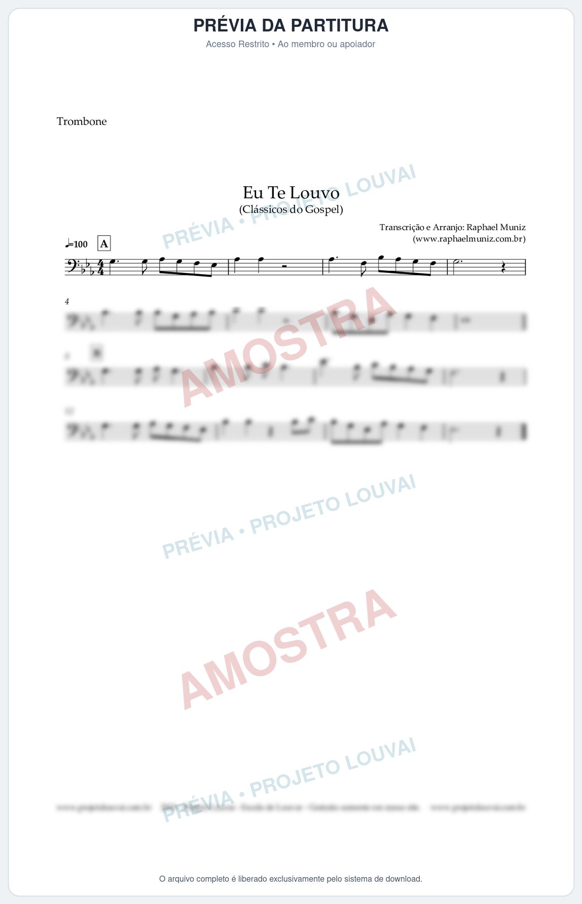 Prévia protegida da primeira página da partitura Partitura para Trombone - Eu Te Louvo - Harpa Cristã nº10 - Clássicos do Gospel