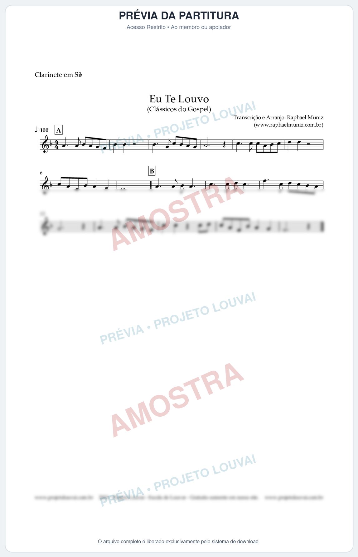 Prévia protegida da primeira página da partitura Partitura para Clarinete em Bb - Eu Te Louvo - Harpa Cristã nº10 - Clássicos do Gospel