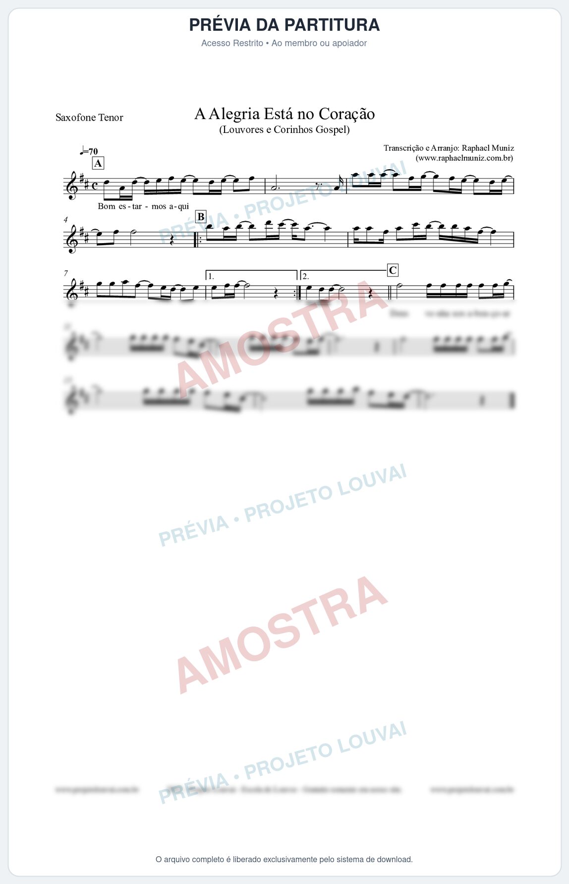 Prévia protegida da primeira página da partitura Partitura para Saxofone Tenor - Bom estarmos aqui - Louvores e Corinhos Gospel