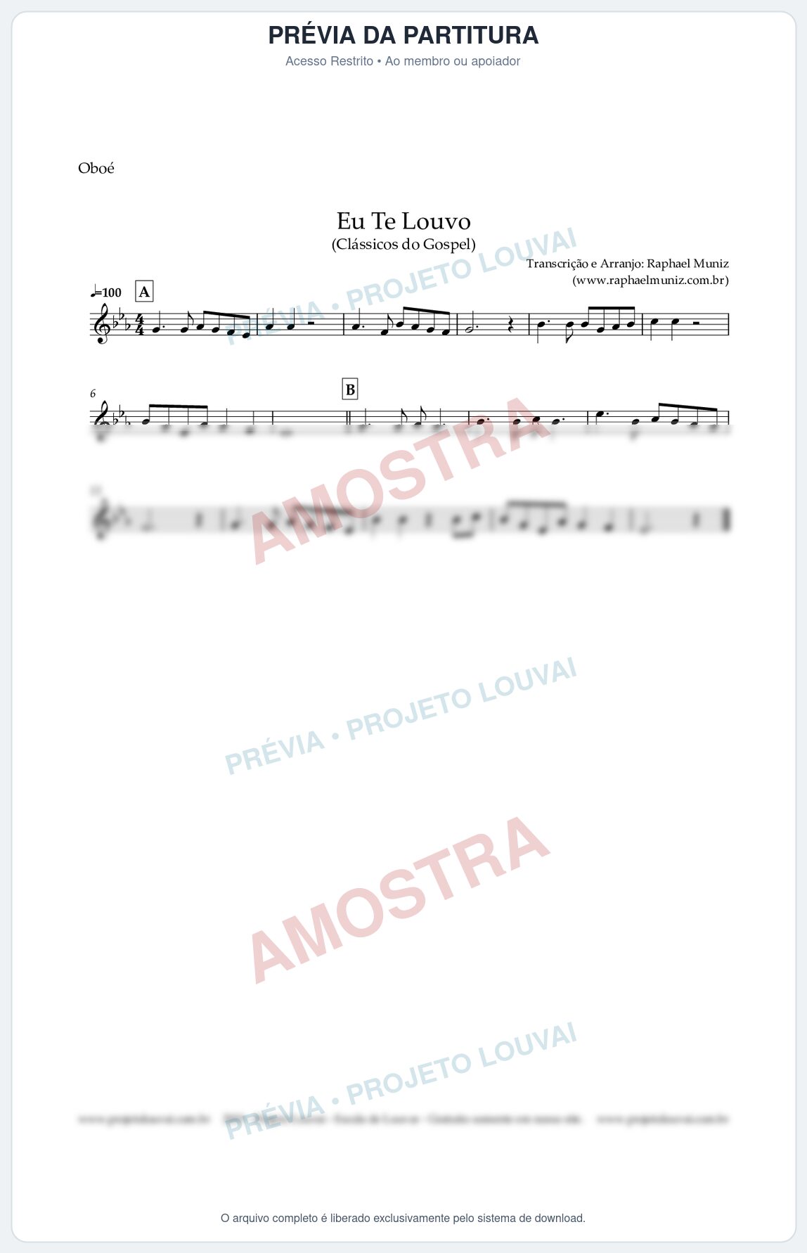 Prévia protegida da primeira página da partitura Partitura para Oboé - Eu Te Louvo - Harpa Cristã nº10 - Clássicos do Gospel