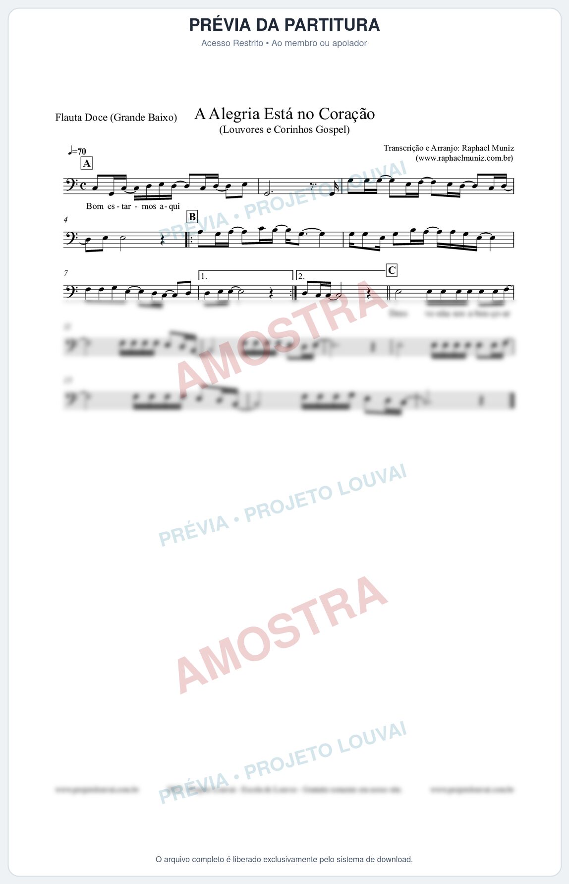 Prévia protegida da primeira página da partitura Partitura para Flauta Doce (Grande Baixo) - Bom estarmos aqui - Louvores e Corinhos Gospel