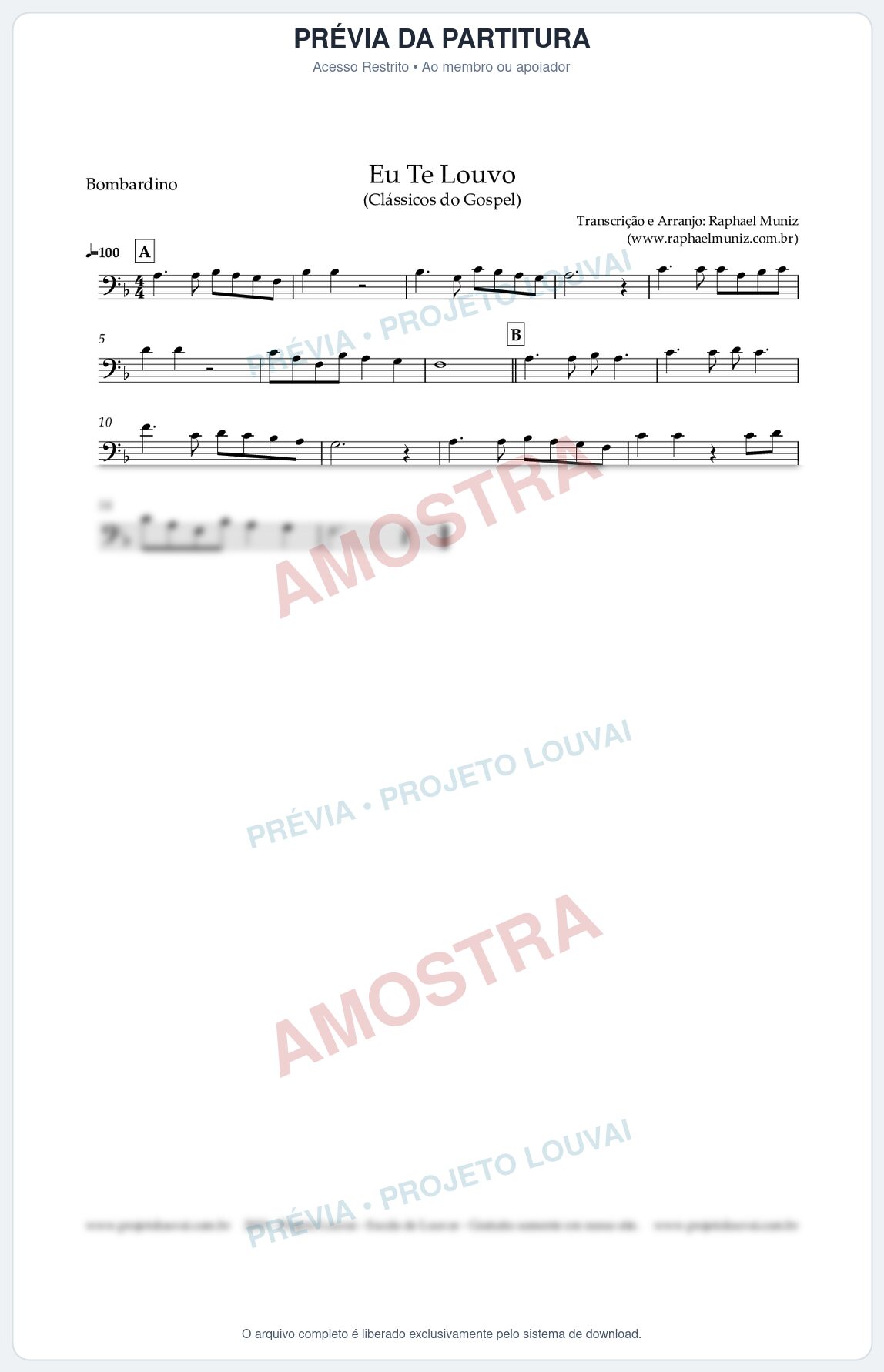 Prévia protegida da primeira página da partitura Partitura para Bombardino - Eu Te Louvo - Harpa Cristã nº10 - Clássicos do Gospel
