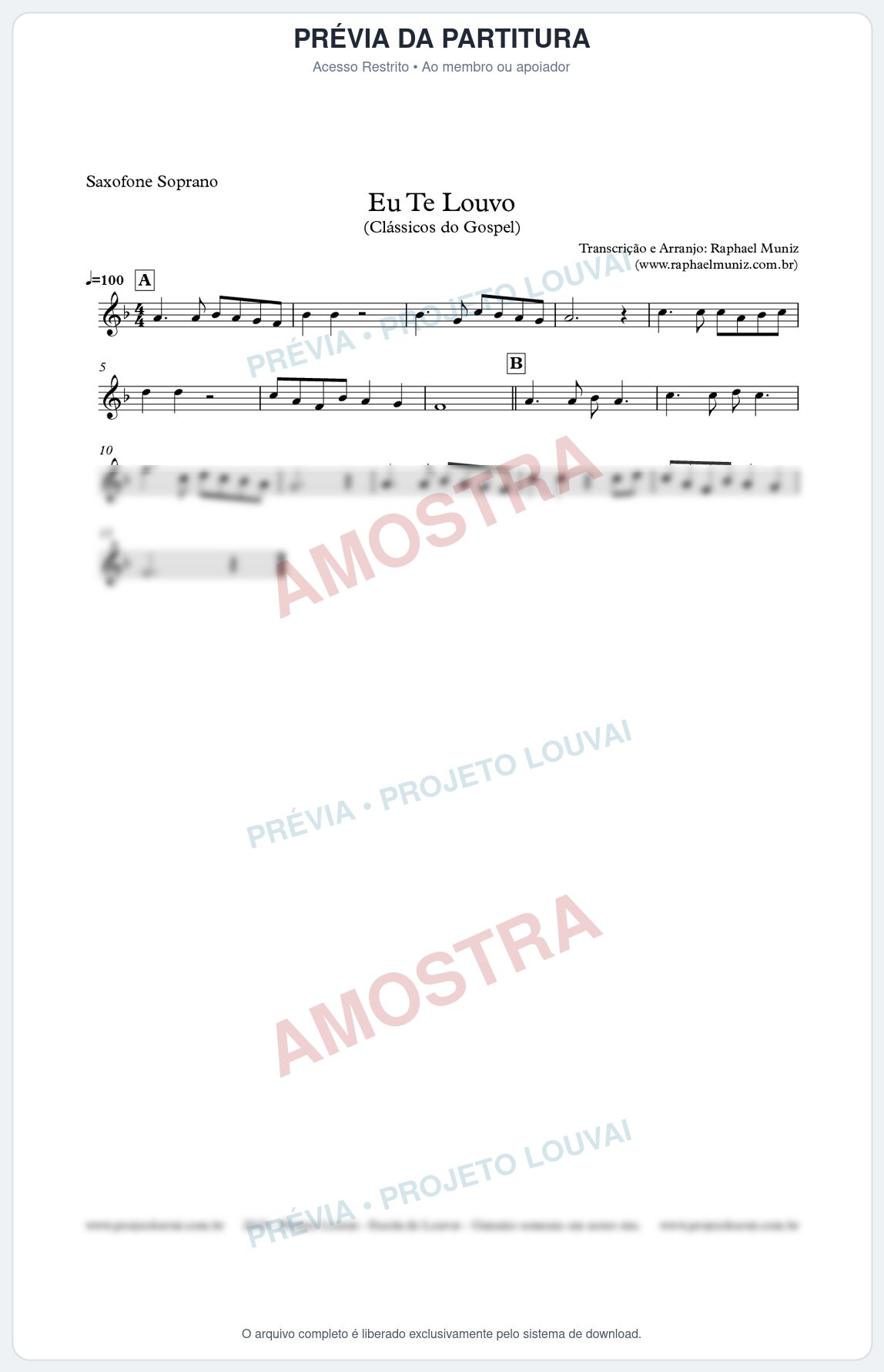Prévia protegida da primeira página da partitura Partitura para Saxofone Soprano - Eu Te Louvo - Harpa Cristã nº10 - Clássicos do Gospel