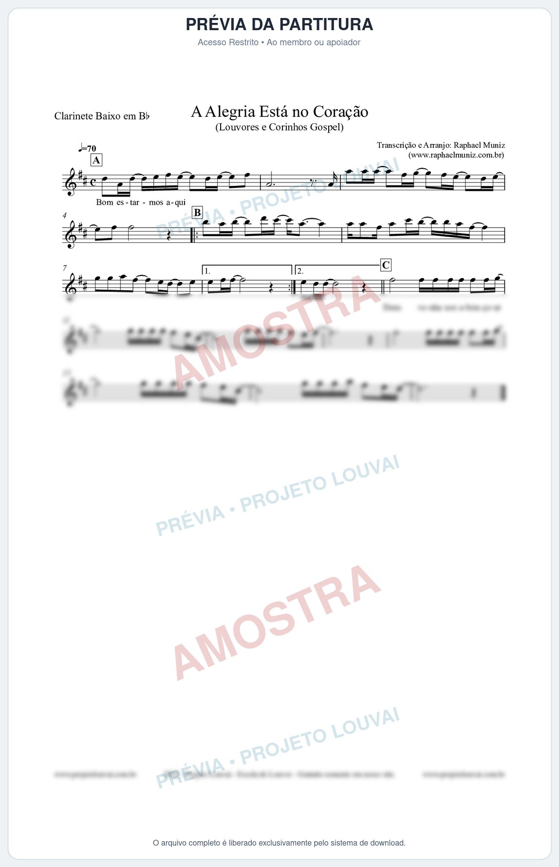 Prévia protegida da primeira página da partitura Partitura para Clarinete Baixo em Bb - Bom estarmos aqui - Louvores e Corinhos Gospel