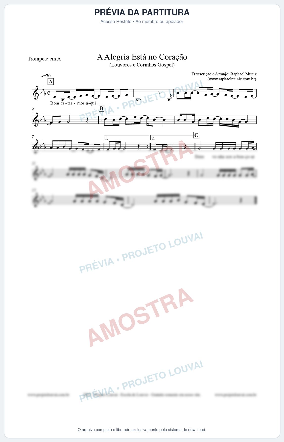 Prévia protegida da primeira página da partitura Partitura para Trompete em A - Bom estarmos aqui - Louvores e Corinhos Gospel