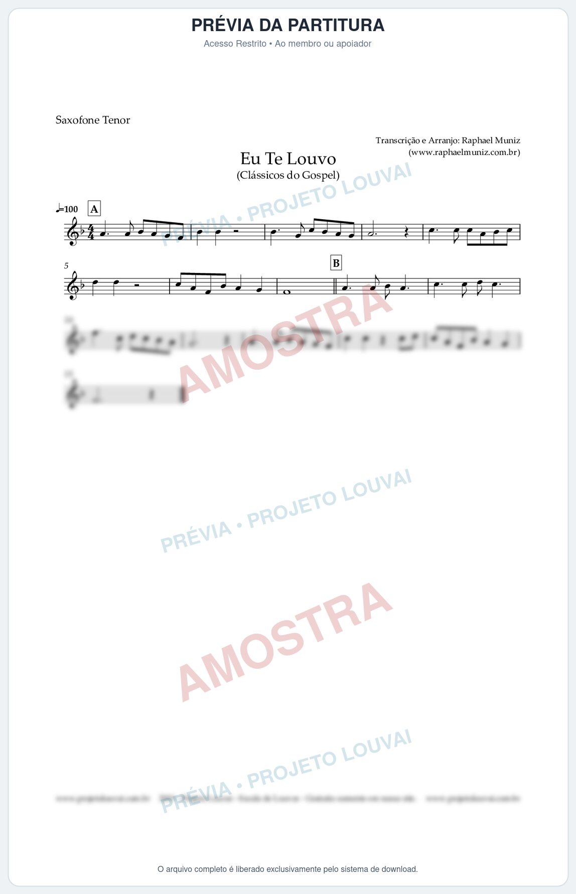 Prévia protegida da primeira página da partitura Partitura para Saxofone Tenor - Eu Te Louvo - Harpa Cristã nº10 - Clássicos do Gospel