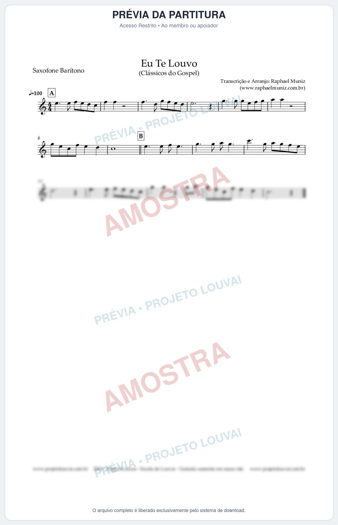 Prévia protegida da primeira página da partitura Partitura para Saxofone Barítono - Eu Te Louvo - Harpa Cristã nº10 - Clássicos do Gospel