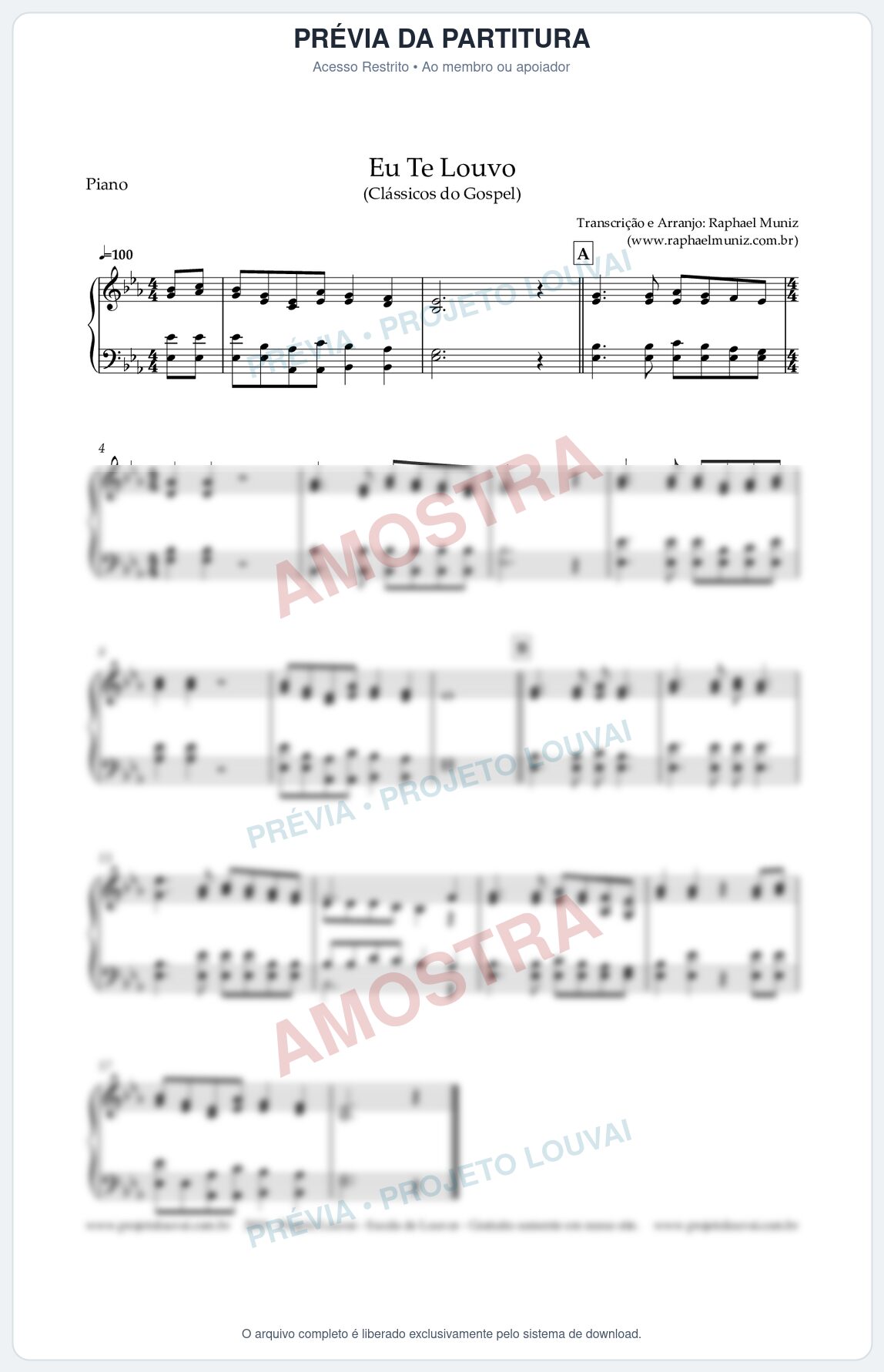Prévia protegida da primeira página da partitura Partitura para Piano - Eu Te Louvo - Harpa Cristã nº10 - Clássicos do Gospel