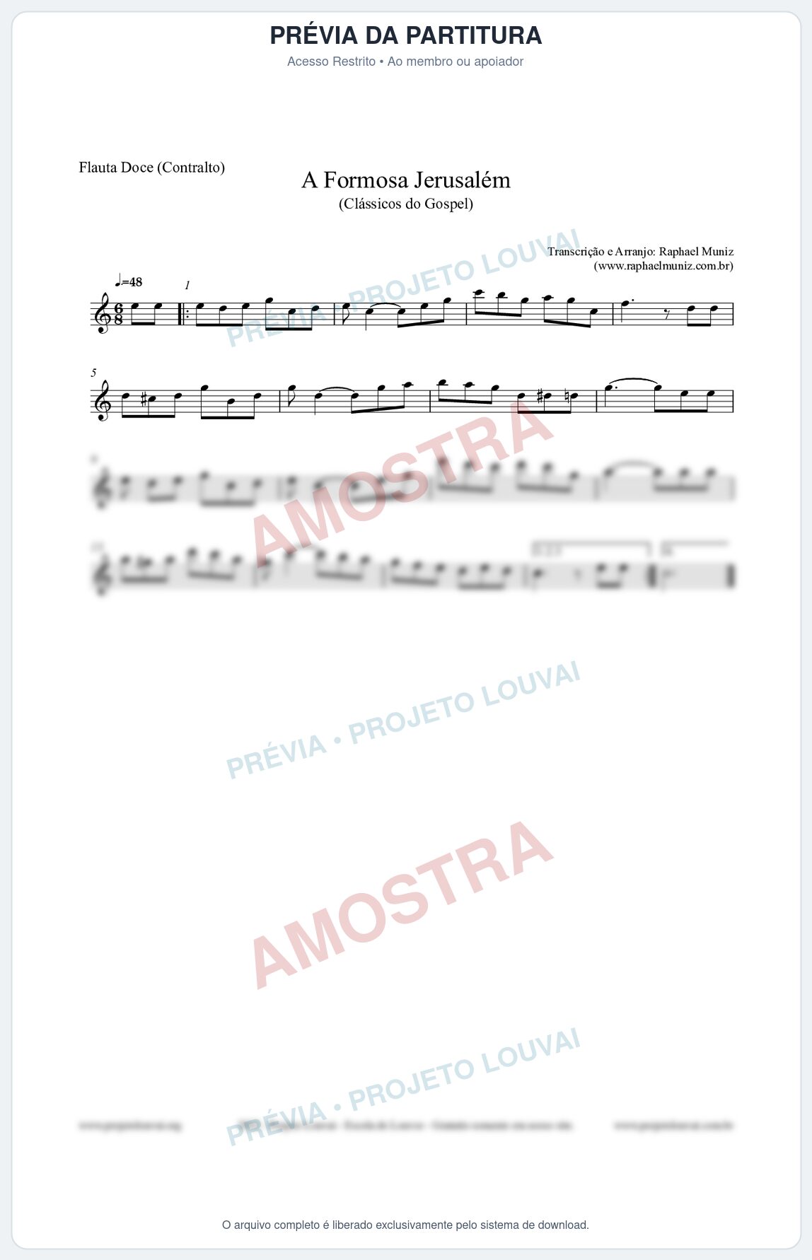 Prévia protegida da primeira página da partitura Partitura para Flauta Doce (Contralto) - A Formosa Jerusalém - Harpa Cristã nº26 - Clássicos do Gospel