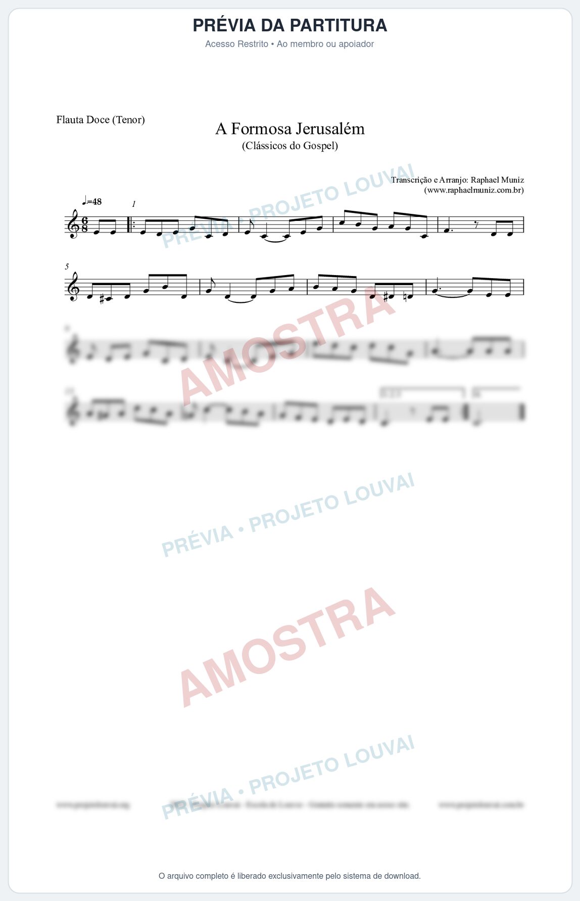 Prévia protegida da primeira página da partitura Partitura para Flauta Doce (Tenor) - A Formosa Jerusalém - Harpa Cristã nº26 - Clássicos do Gospel