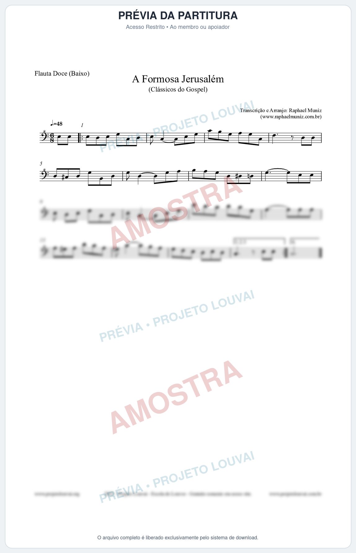 Prévia protegida da primeira página da partitura Partitura para Flauta Doce (Baixo) - A Formosa Jerusalém - Harpa Cristã nº26 - Clássicos do Gospel