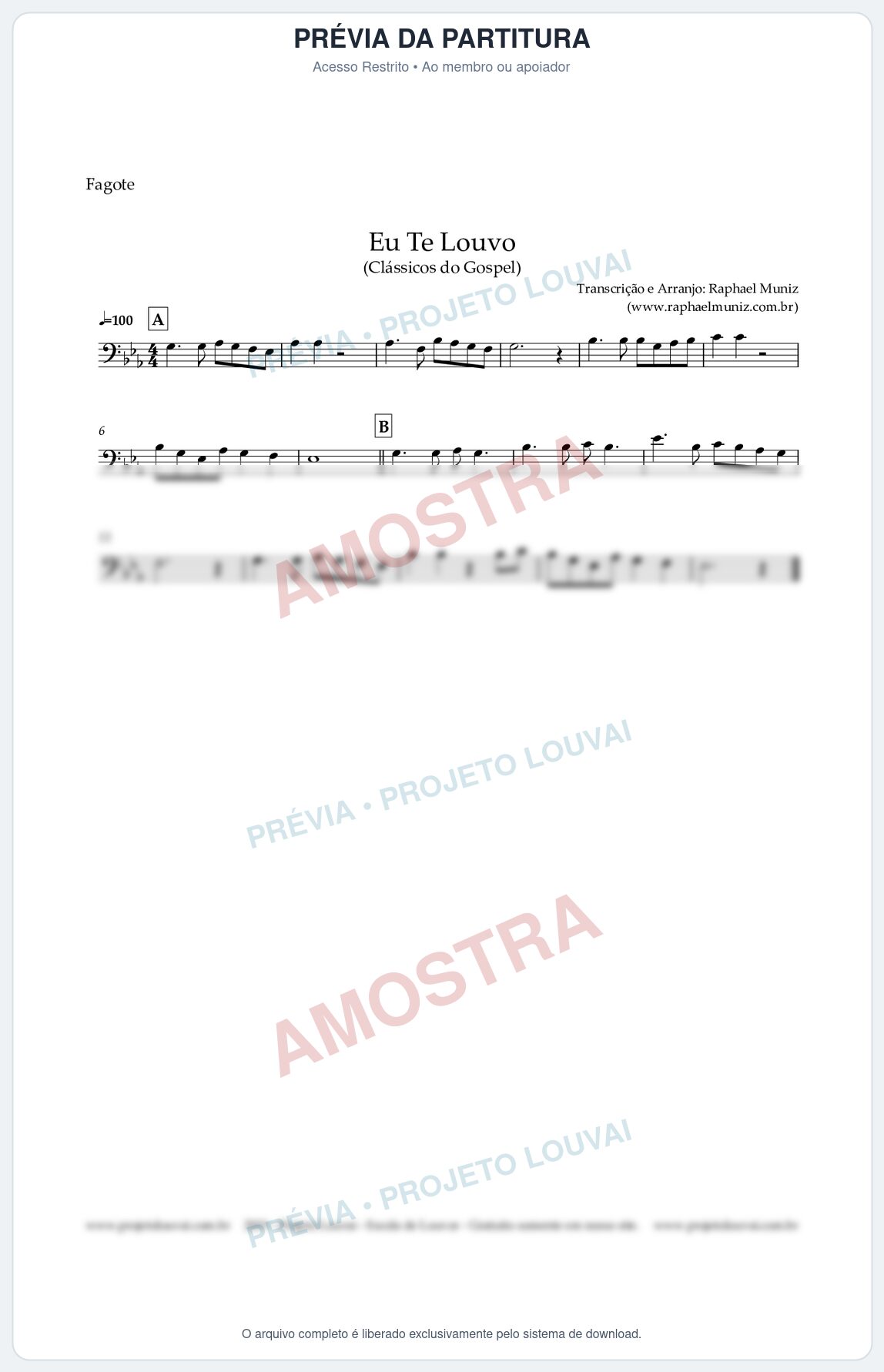 Prévia protegida da primeira página da partitura Partitura para Fagote - Eu Te Louvo - Harpa Cristã nº10 - Clássicos do Gospel