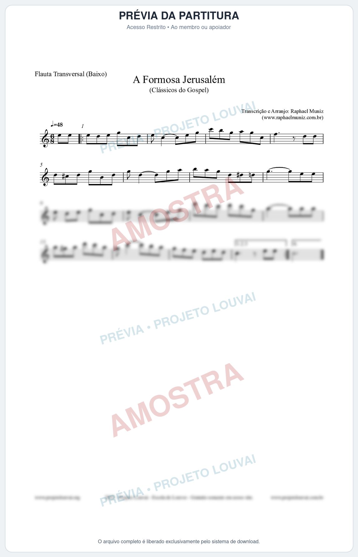 Prévia protegida da primeira página da partitura Partitura para Flauta Transversal (Baixo) - A Formosa Jerusalém - Harpa Cristã nº26 - Clássicos do Gospel