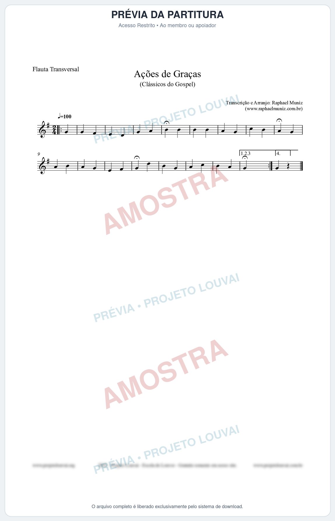 Prévia protegida da primeira página da partitura Partitura para Flauta Transversal - Ações de Graças - Salmos e Hinos nº20 - Clássicos do Gospel