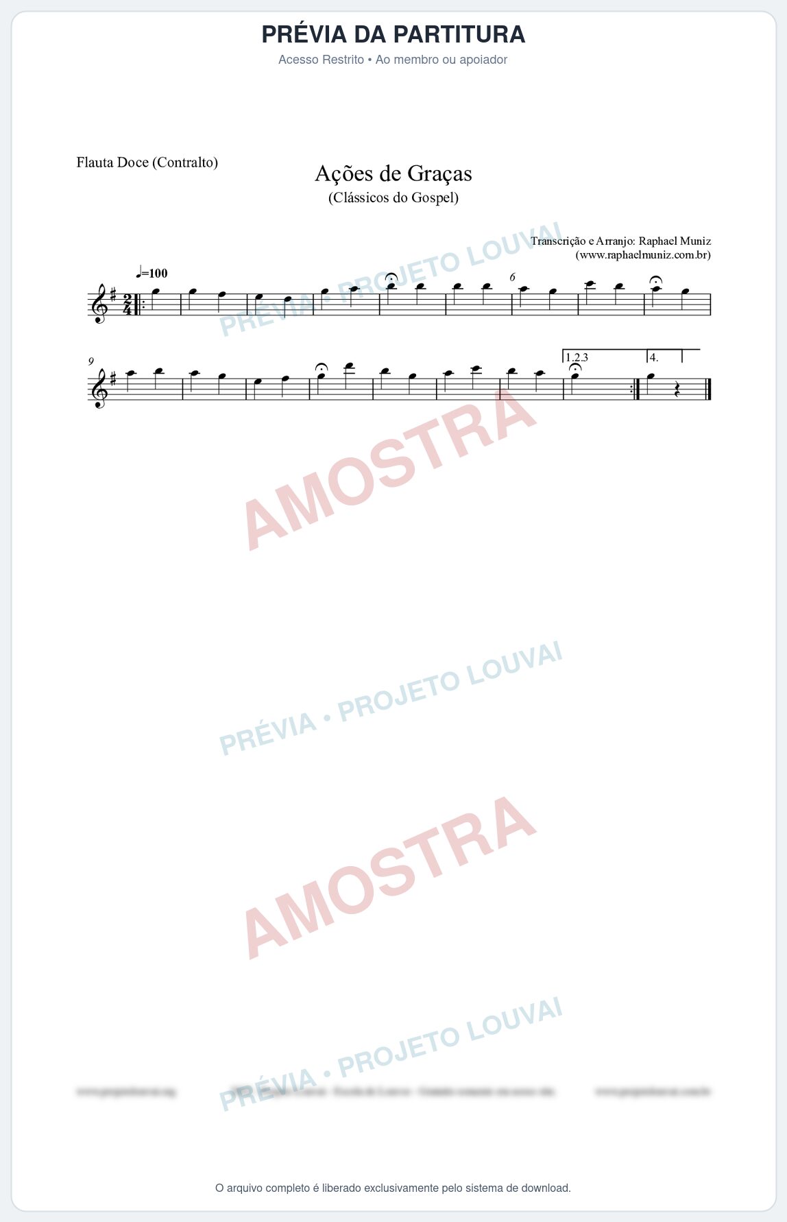Prévia protegida da primeira página da partitura Partitura para Flauta Doce (Contralto) - Ações de Graças - Salmos e Hinos nº20 - Clássicos do Gospel