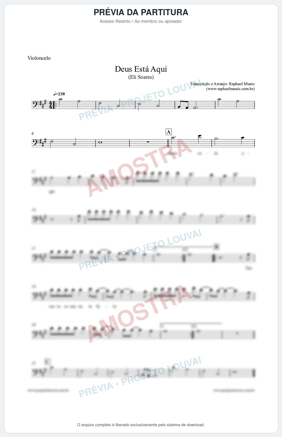 Prévia protegida da primeira página da partitura Partitura para Violoncelo - Deus Está Aqui - Eli Soares