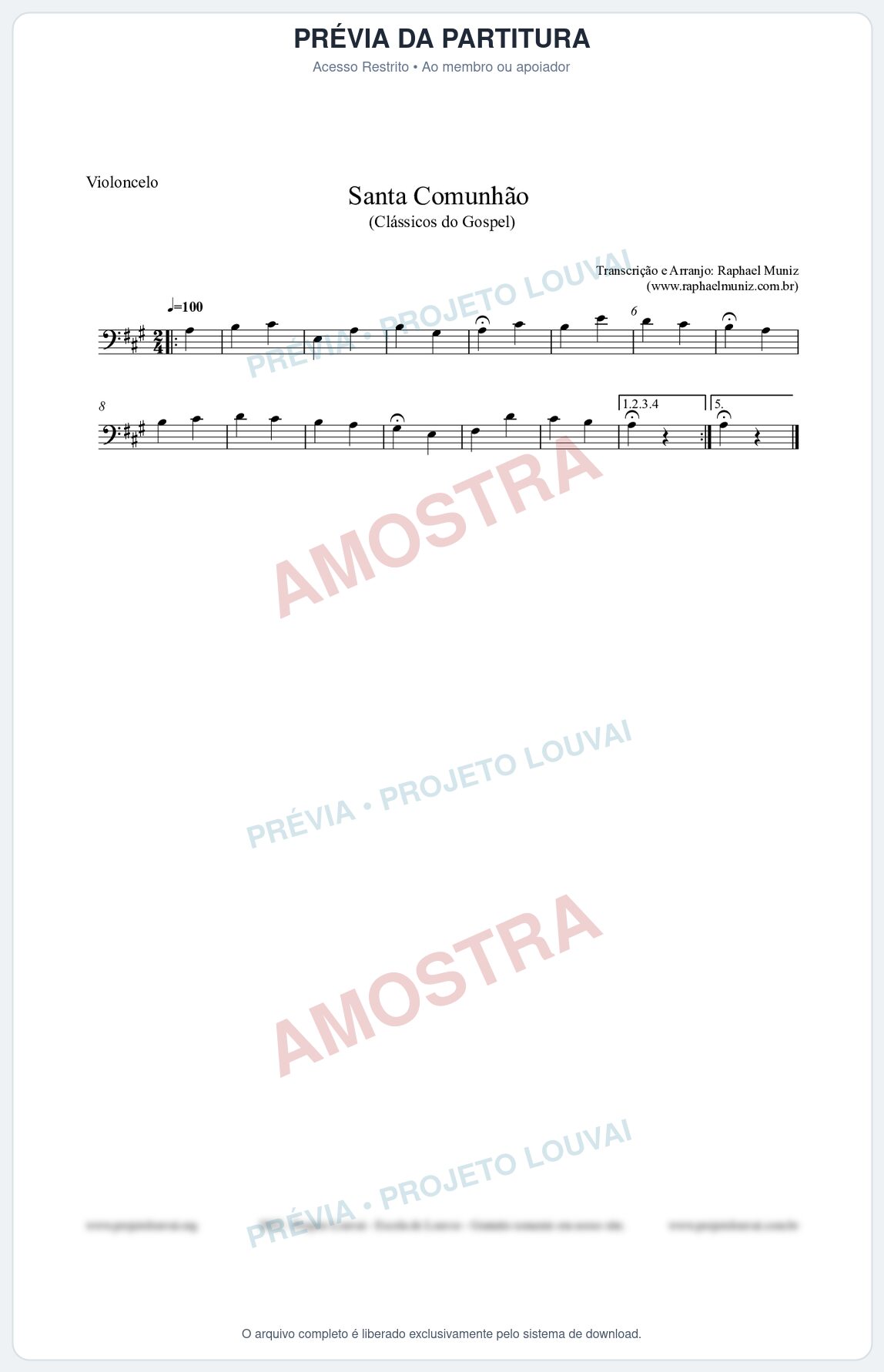 Prévia protegida da primeira página da partitura Partitura para Violoncelo - Santa Comunhão - Salmos e Hinos nº543 - Clássicos do Gospel