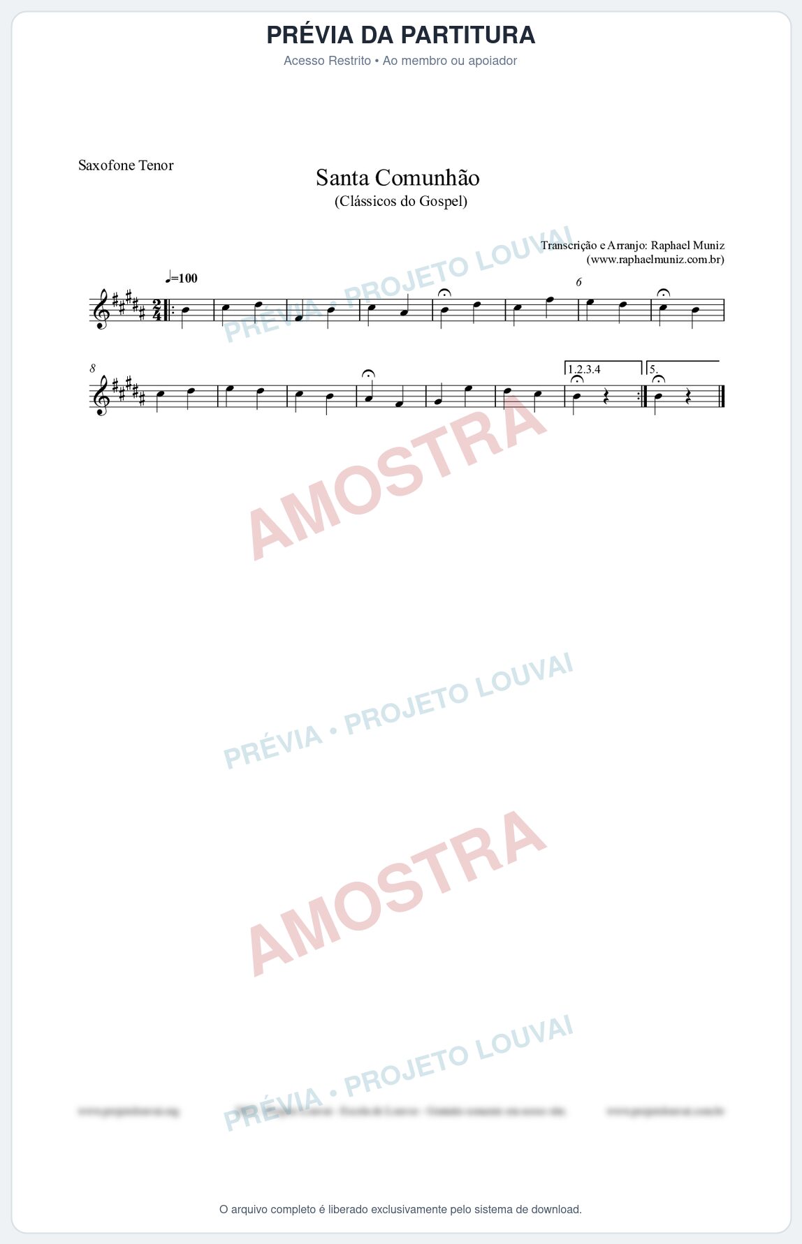 Prévia protegida da primeira página da partitura Partitura para Saxofone Tenor - Santa Comunhão - Salmos e Hinos nº543 - Clássicos do Gospel