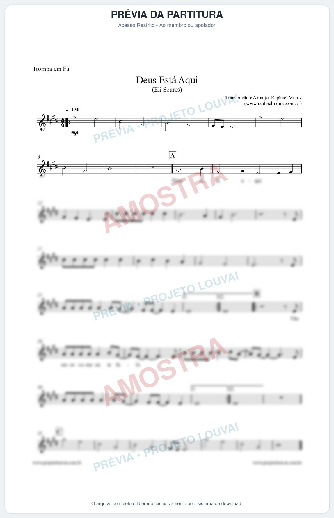 Prévia protegida da primeira página da partitura Partitura para Trompa em Fá - Deus Está Aqui - Eli Soares
