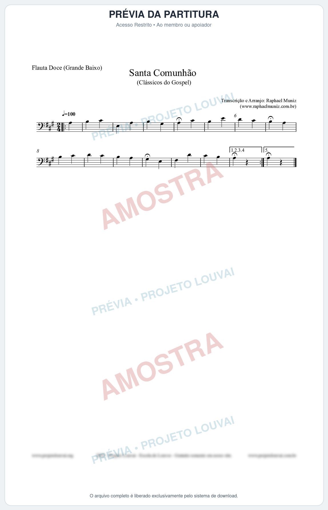 Prévia protegida da primeira página da partitura Partitura para Flauta Doce (Grande Baixo) - Santa Comunhão - Salmos e Hinos nº543 - Clássicos do Gospel