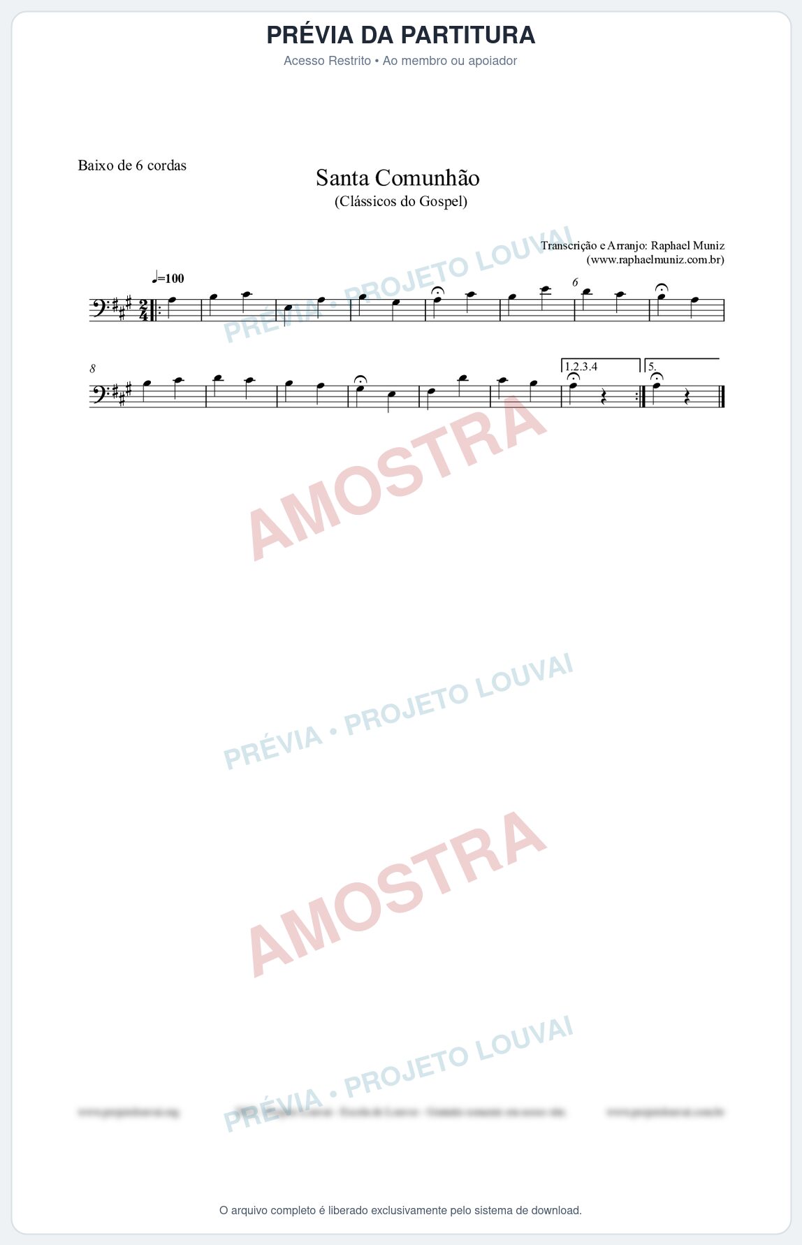 Prévia protegida da primeira página da partitura Partitura para Baixo de 6 cordas - Santa Comunhão - Salmos e Hinos nº543 - Clássicos do Gospel