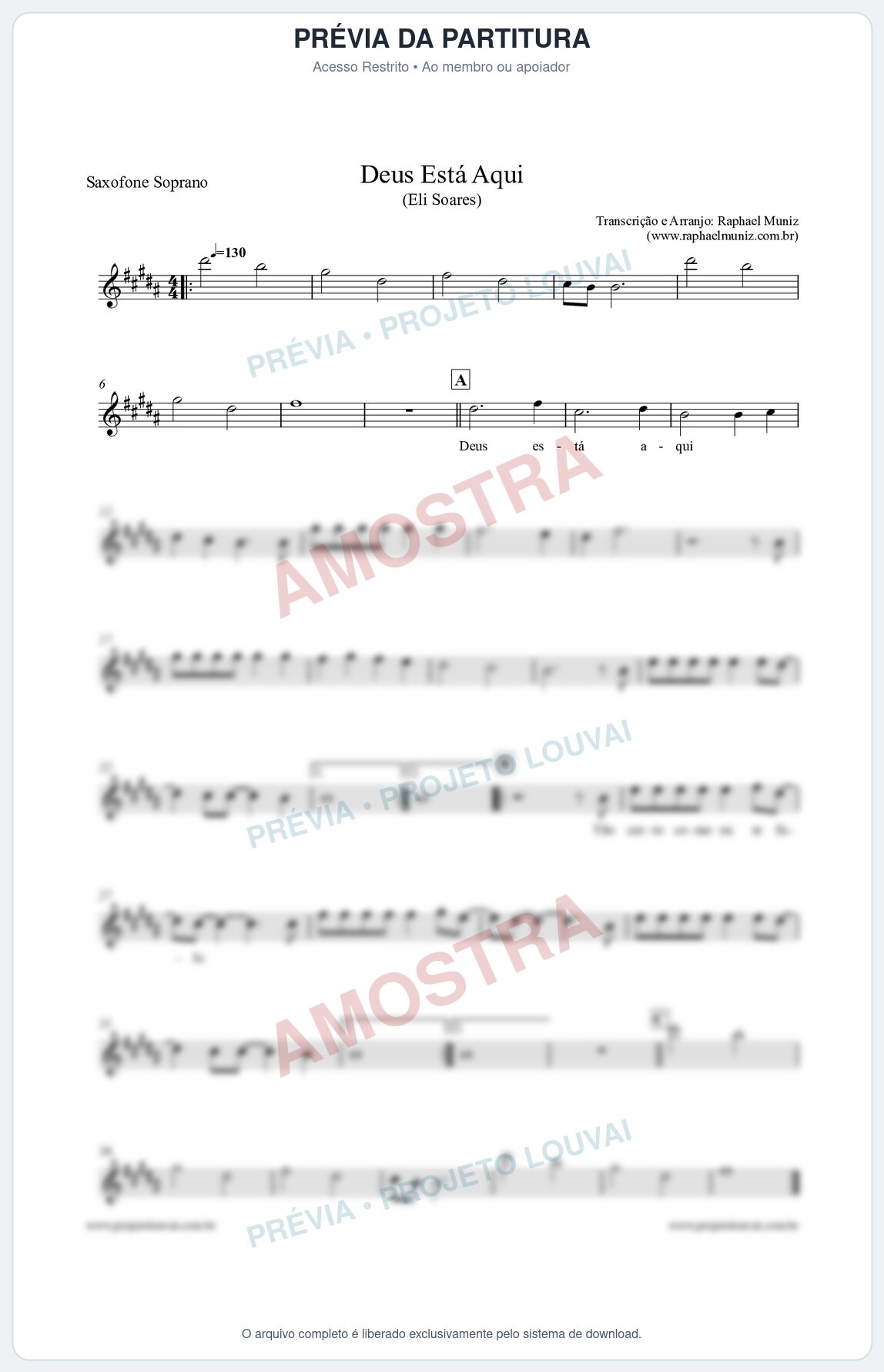 Prévia protegida da primeira página da partitura Partitura para Saxofone Soprano - Deus Está Aqui - Eli Soares