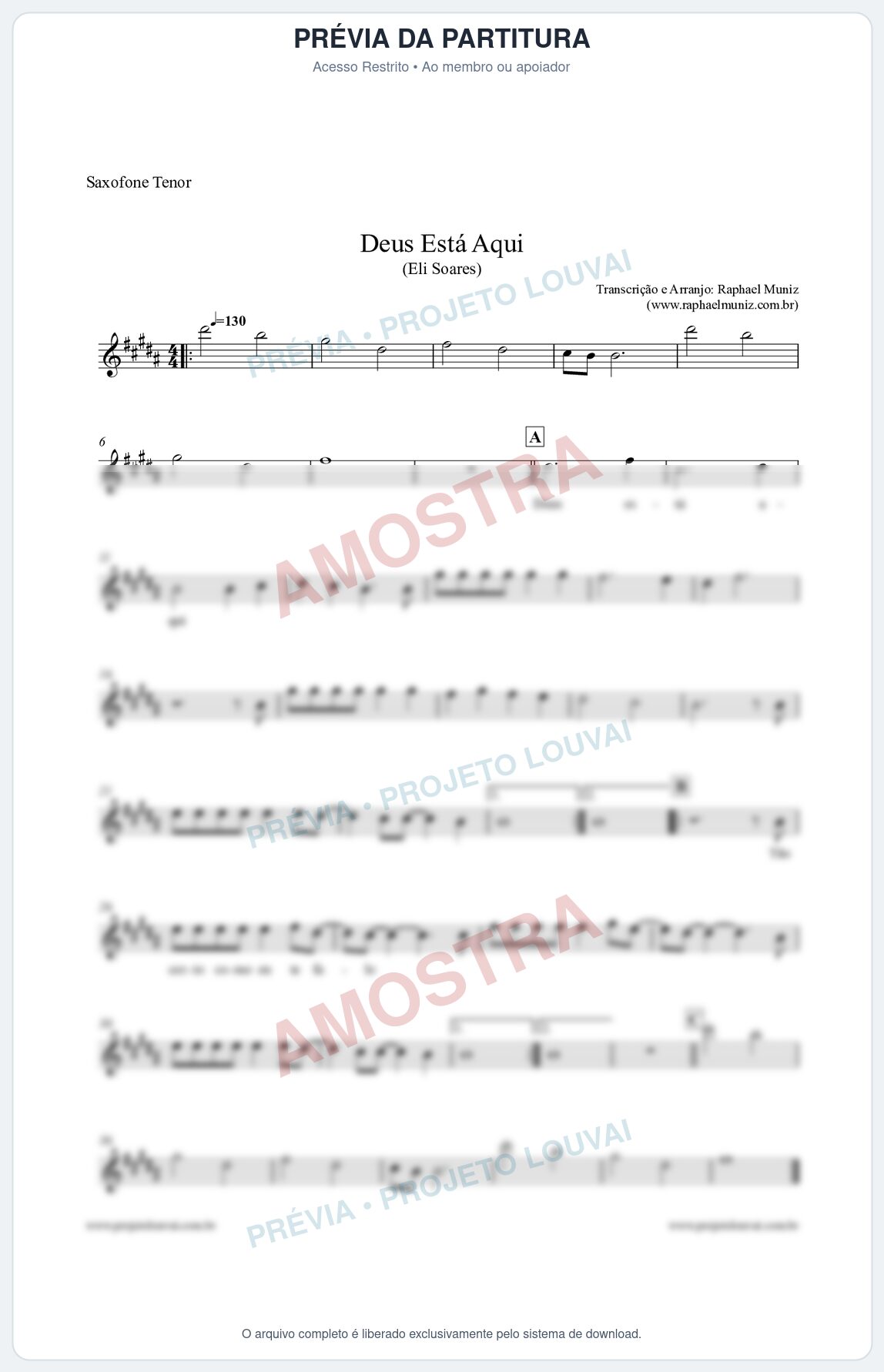 Prévia protegida da primeira página da partitura Partitura para Saxofone Tenor - Deus Está Aqui - Eli Soares