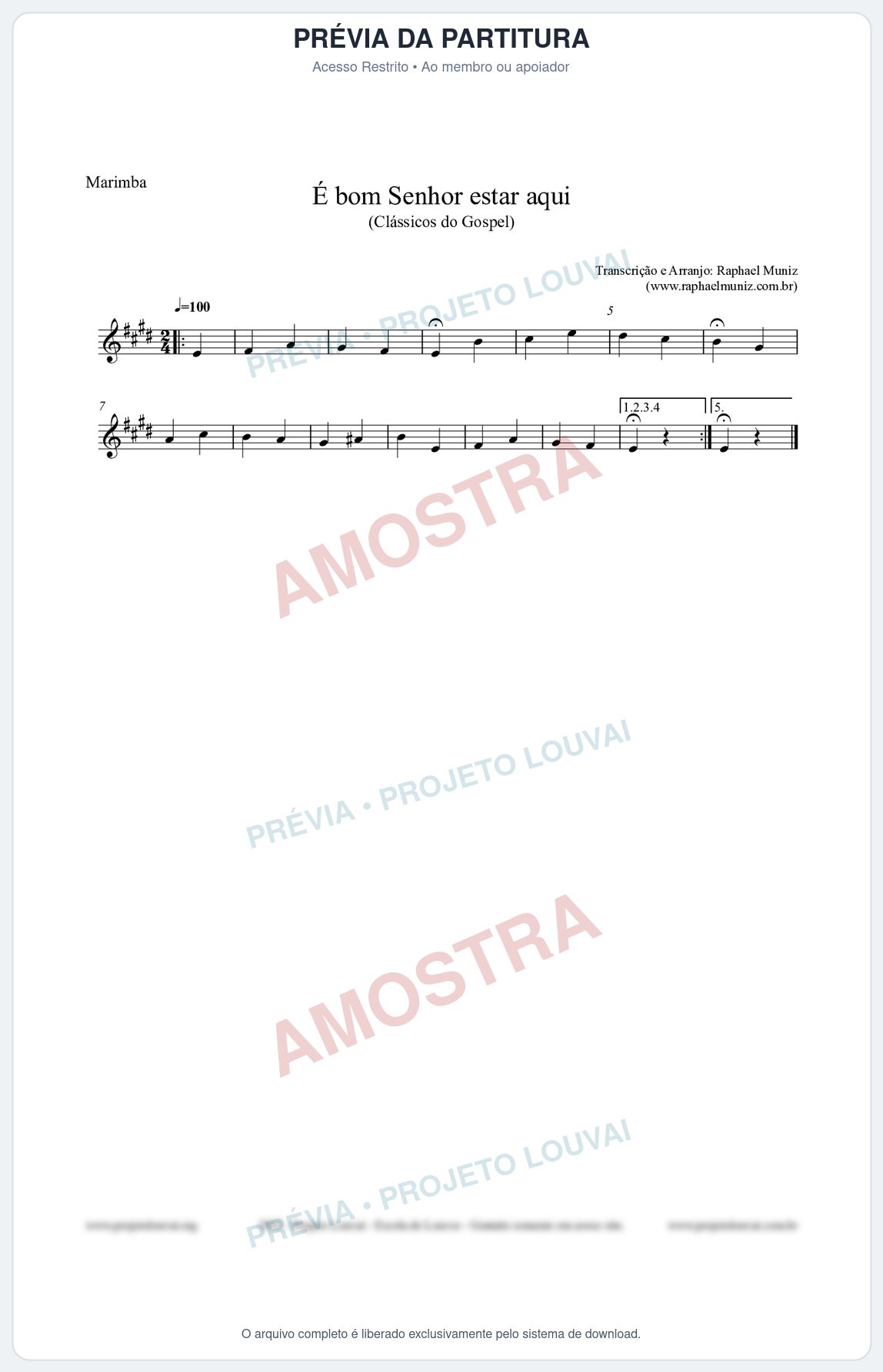 Prévia protegida da primeira página da partitura Partitura para Marimba - É bom Senhor estar aqui - Open Hymnal nº84 - Clássicos do Gospel