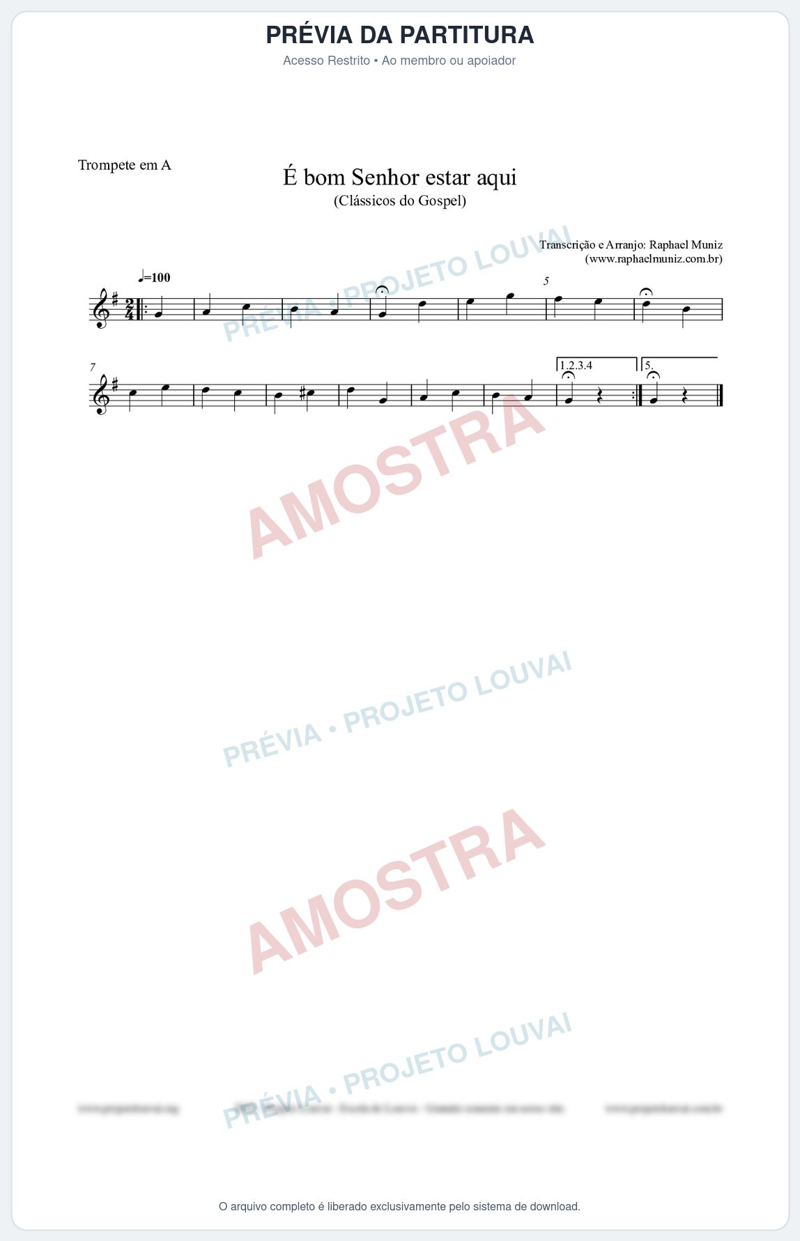 Prévia protegida da primeira página da partitura Partitura para Trompete em A - É bom Senhor estar aqui - Open Hymnal nº84 - Clássicos do Gospel