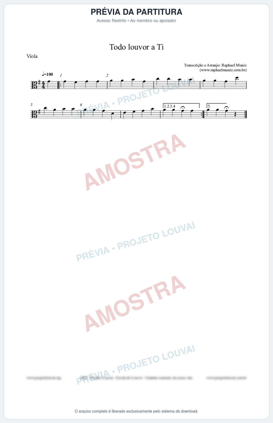 Prévia protegida da primeira página da partitura Partitura para Viola - Todo louvor a Ti - Open Hymnal nº309 - Clássicos do Gospel